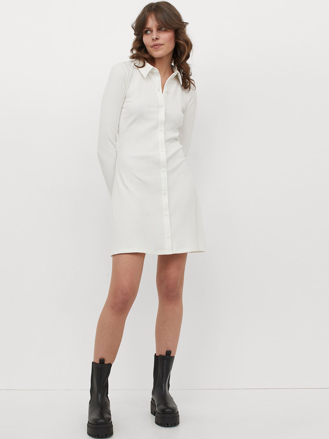 

H&M White Ribbed Shirt Dress