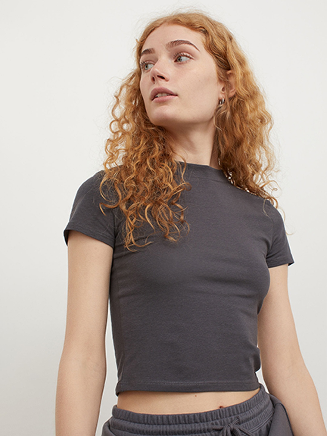

H&M Women Charcoal Grey Solid Cropped Top