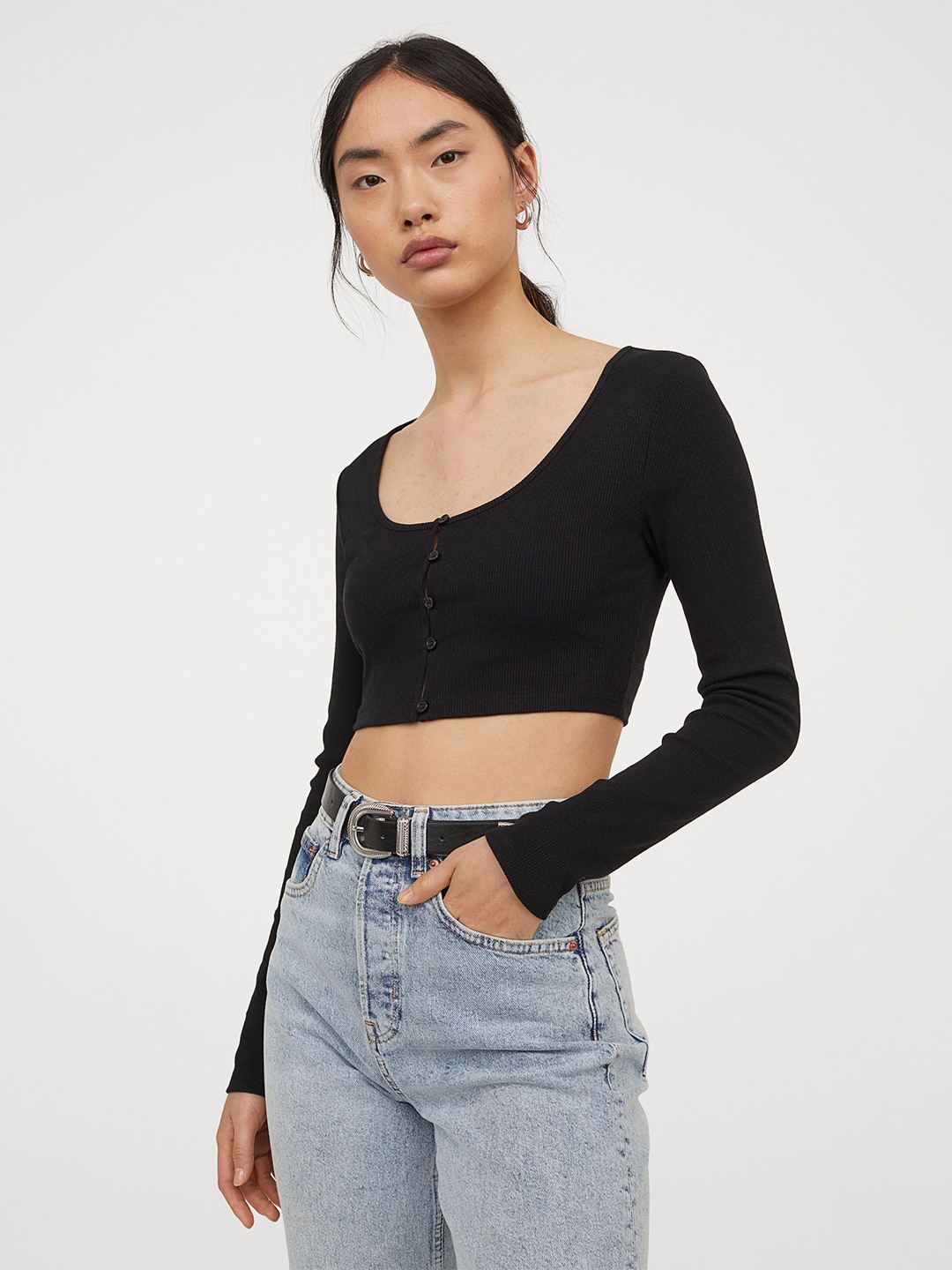 

H&M Women Black Solid Cropped Top