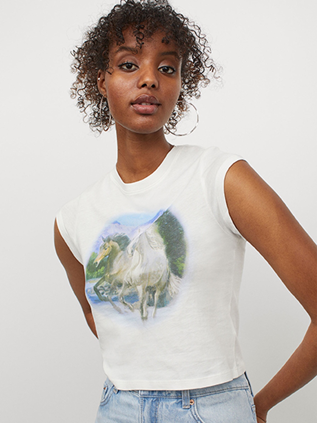 

H&M White & Blue Pure Cotton Short Jersey Top