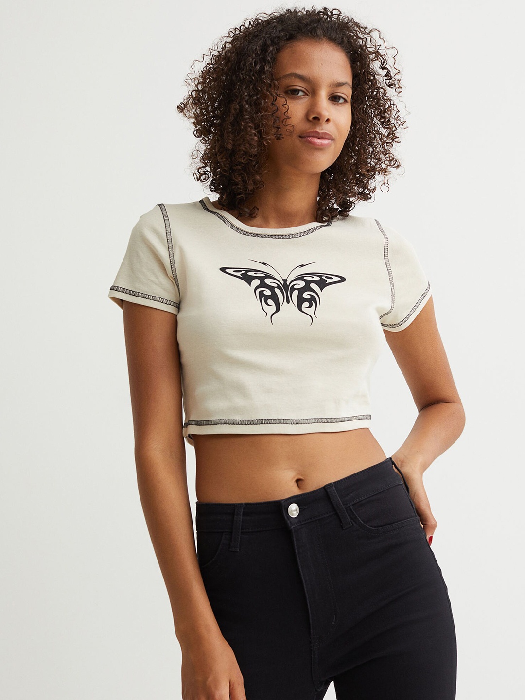 

H&M White Printed Cropped Pure Cotton Top