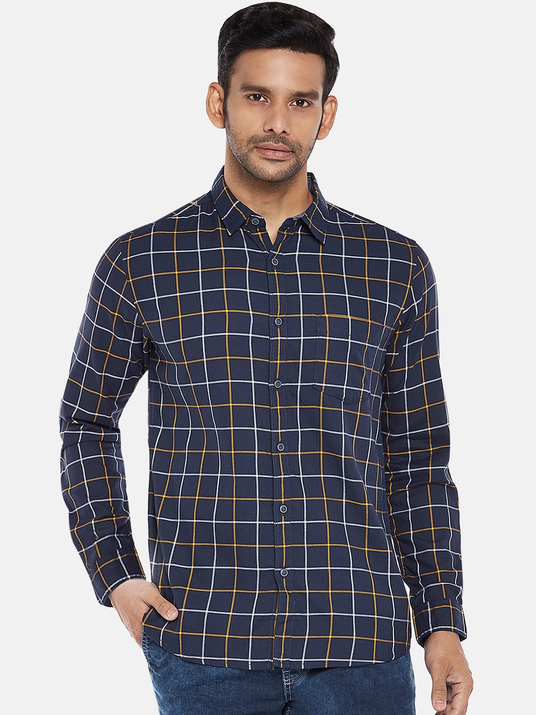 

BYFORD by Pantaloons Men Blue Slim Fit Checked Cotton Casual Shirt