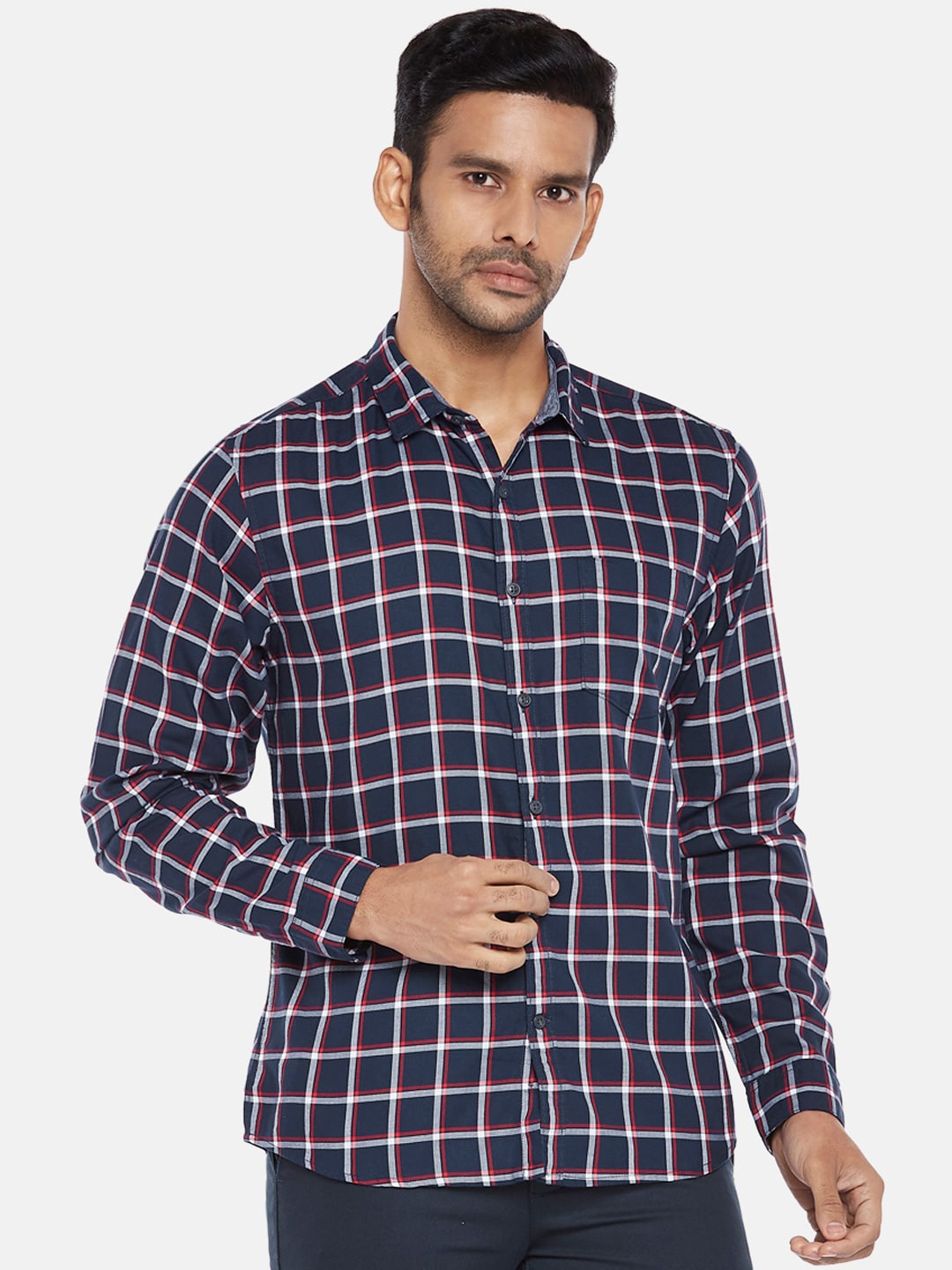 

BYFORD by Pantaloons Men Navy Blue Slim Fit Checked Cotton Casual Shirt