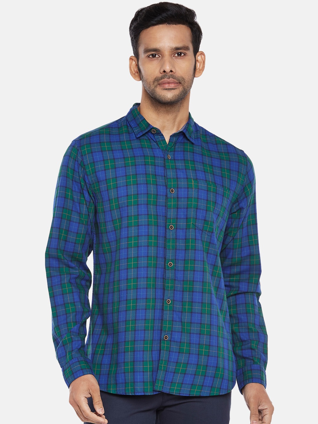 

BYFORD by Pantaloons Men Green& Blue Slim Fit Checked Casual Shirt
