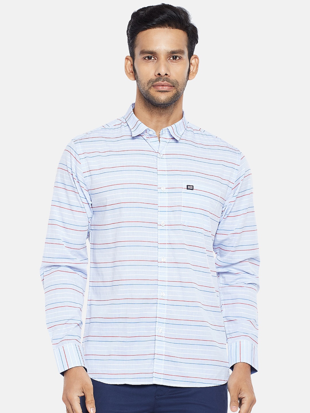 

BYFORD by Pantaloons Men Blue Slim Fit Horizontal Stripes Striped Casual Shirt