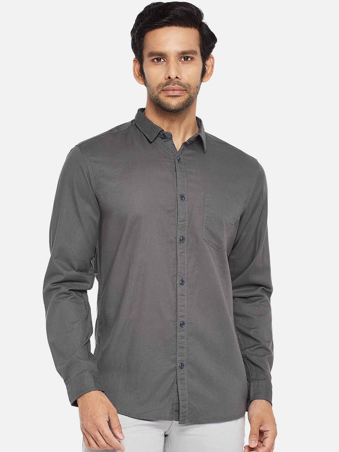 

BYFORD by Pantaloons Men Grey Slim Fit Solid Cotton Casual Shirt