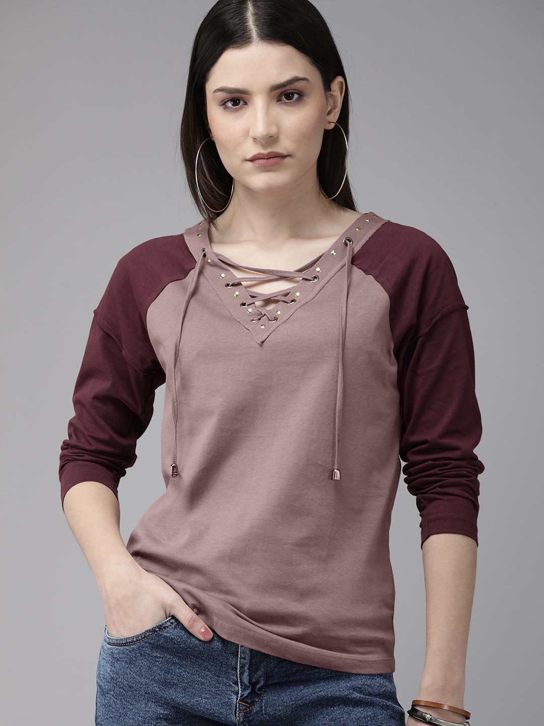 

Roadster Mauve & Maroon Colourblocked Tie-Up Neck Top