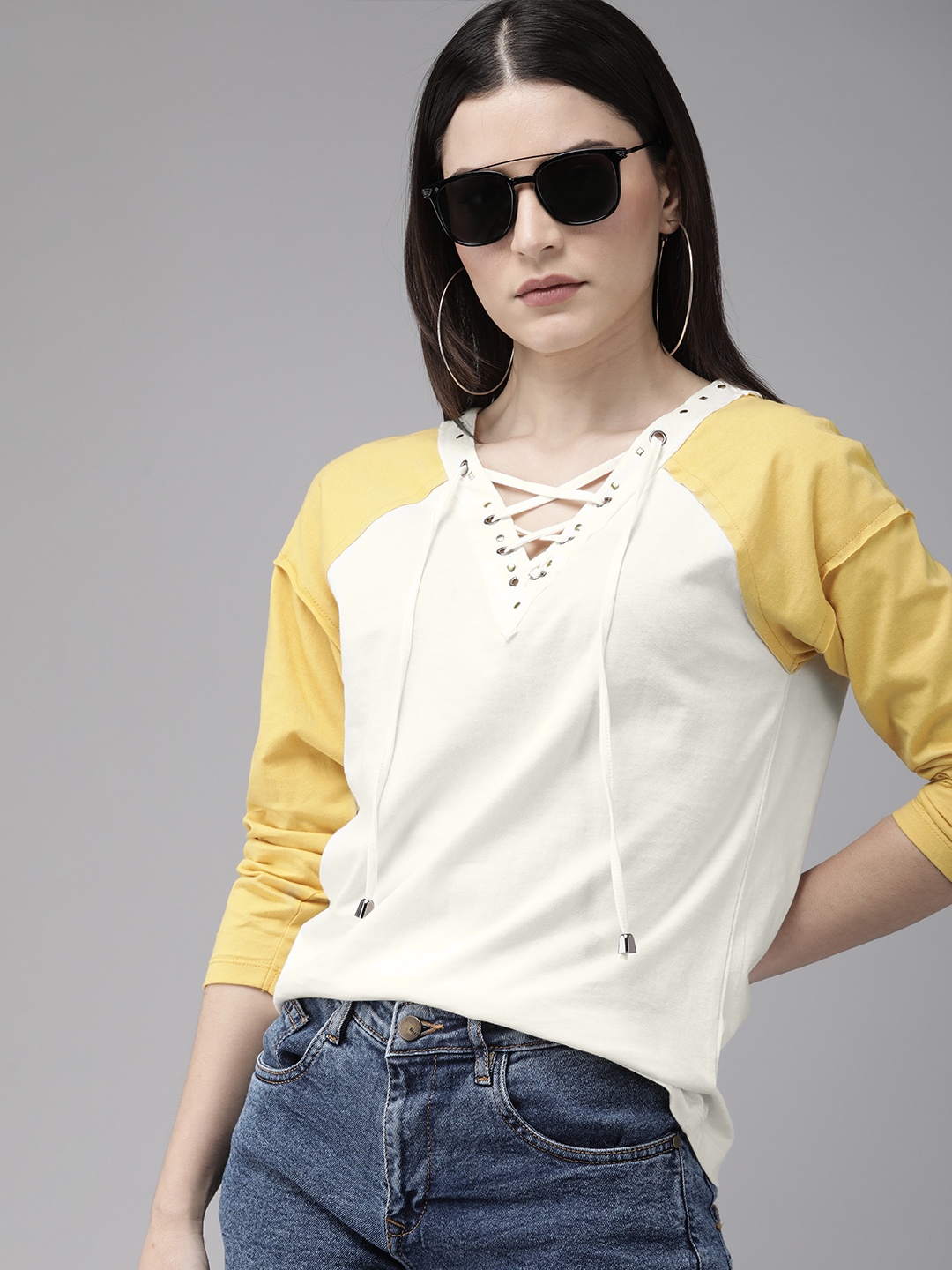 

Roadster White & Mustard Yellow Colourblocked Tie-Up Neck Top