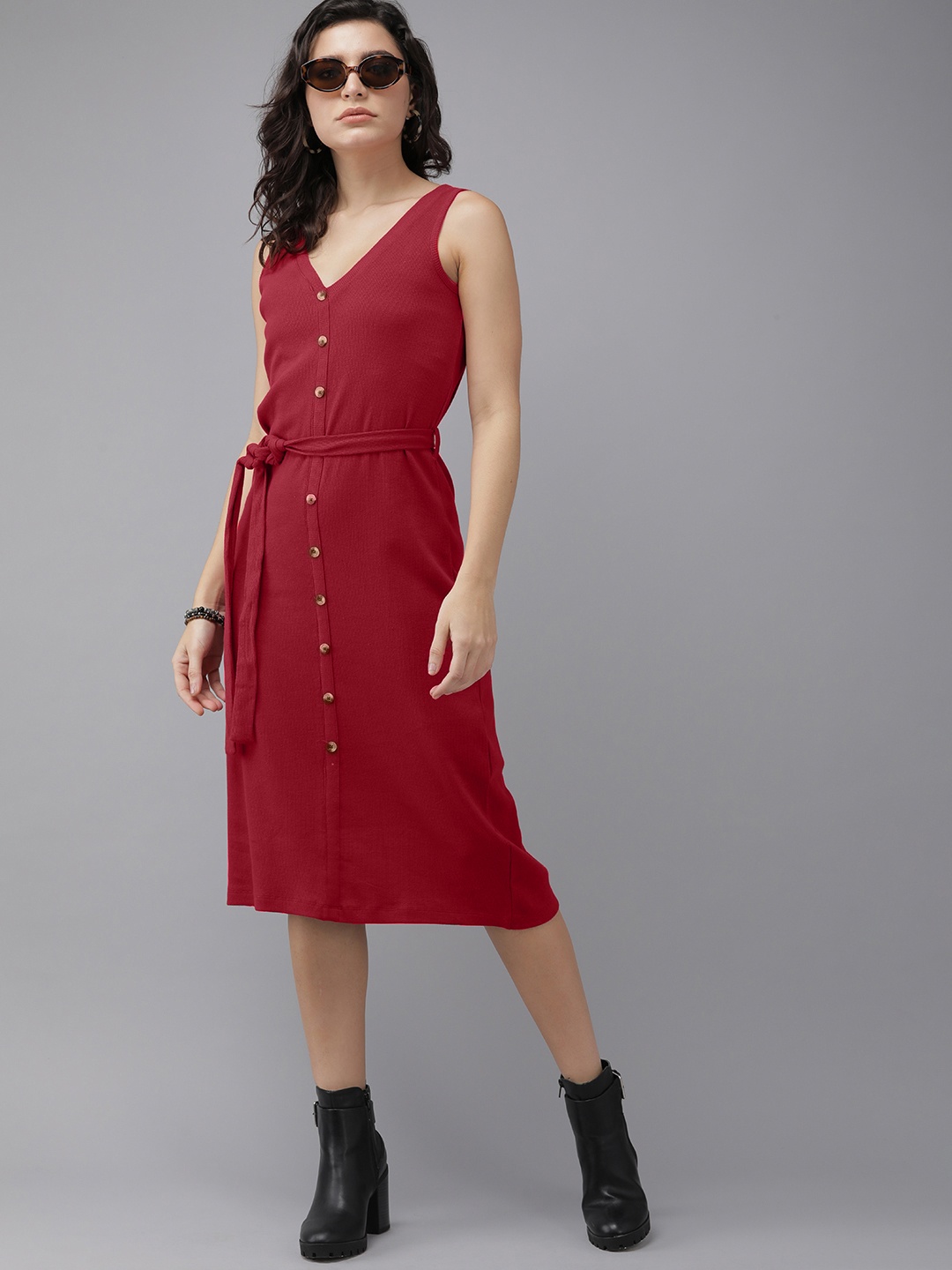

Roadster Red Ribbed A-Line Midi Dress