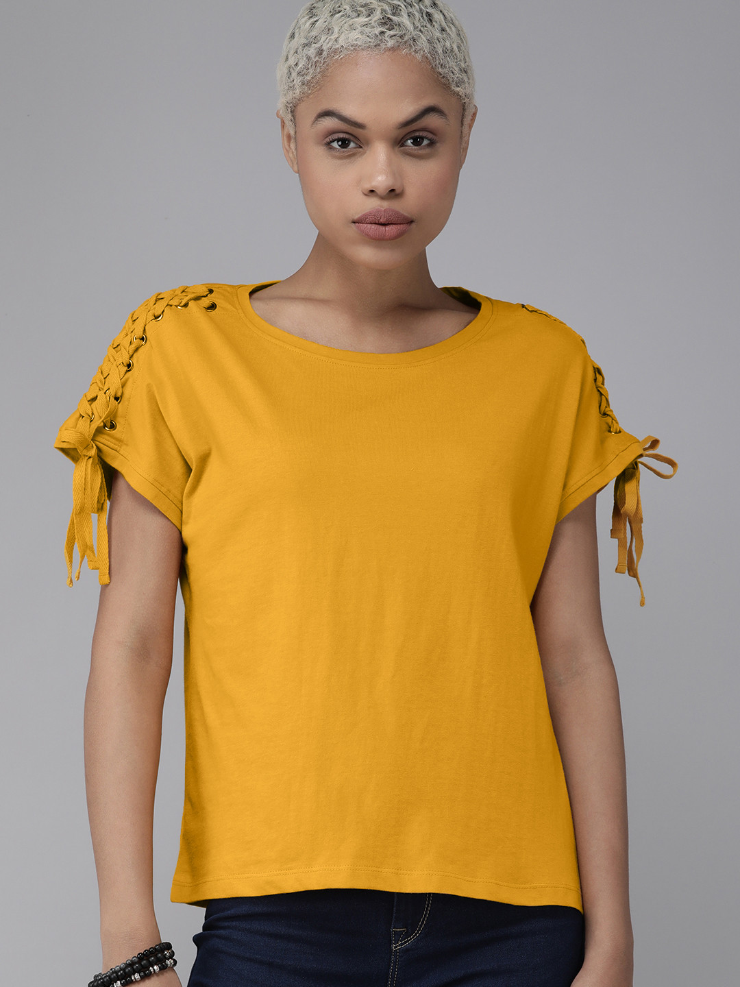 

Roadster Mustard Yellow Extended Sleeves Lace-Up Detail Pure Cotton Top