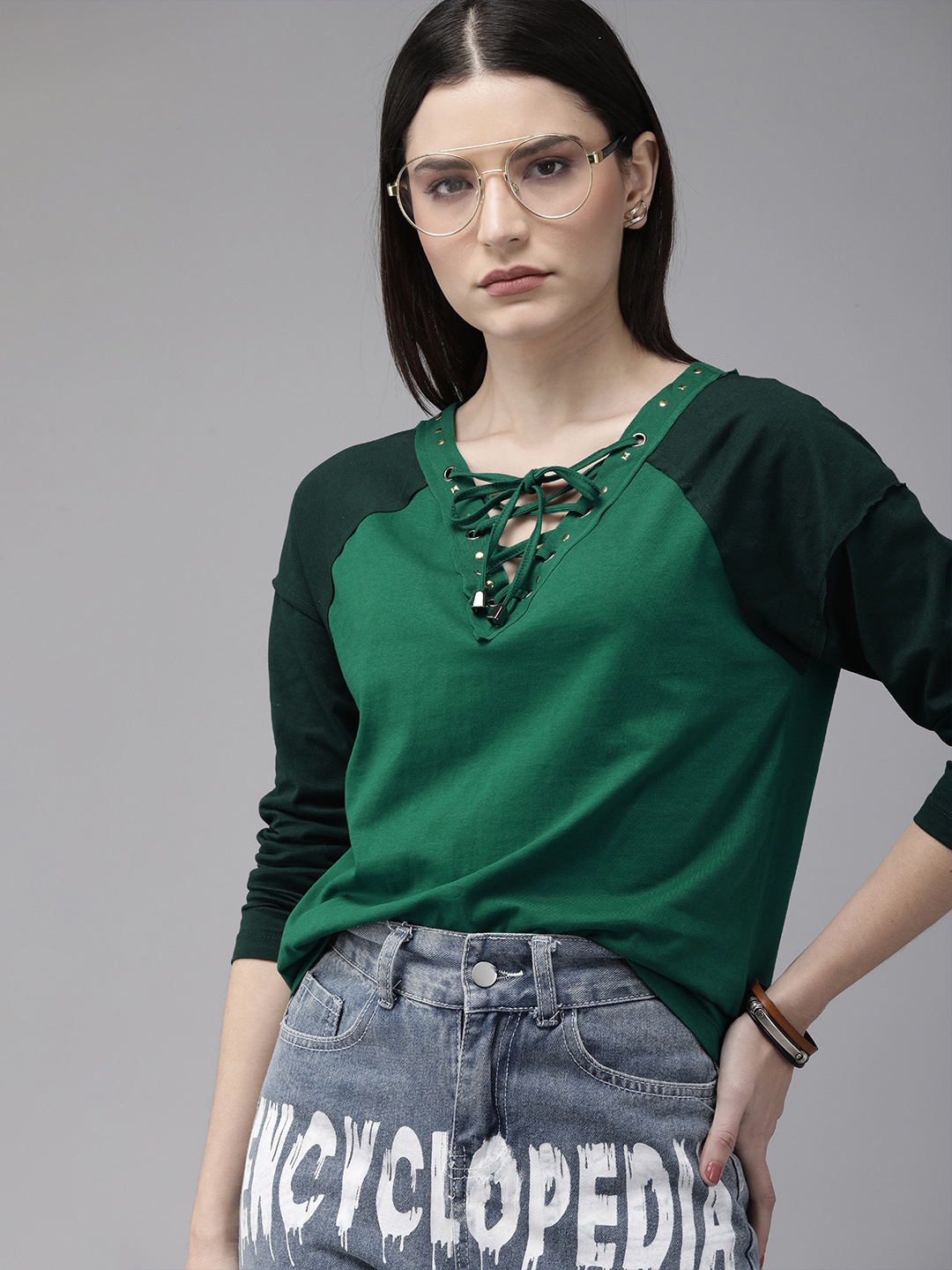 

Roadster Green & Black Embellished Regular Top