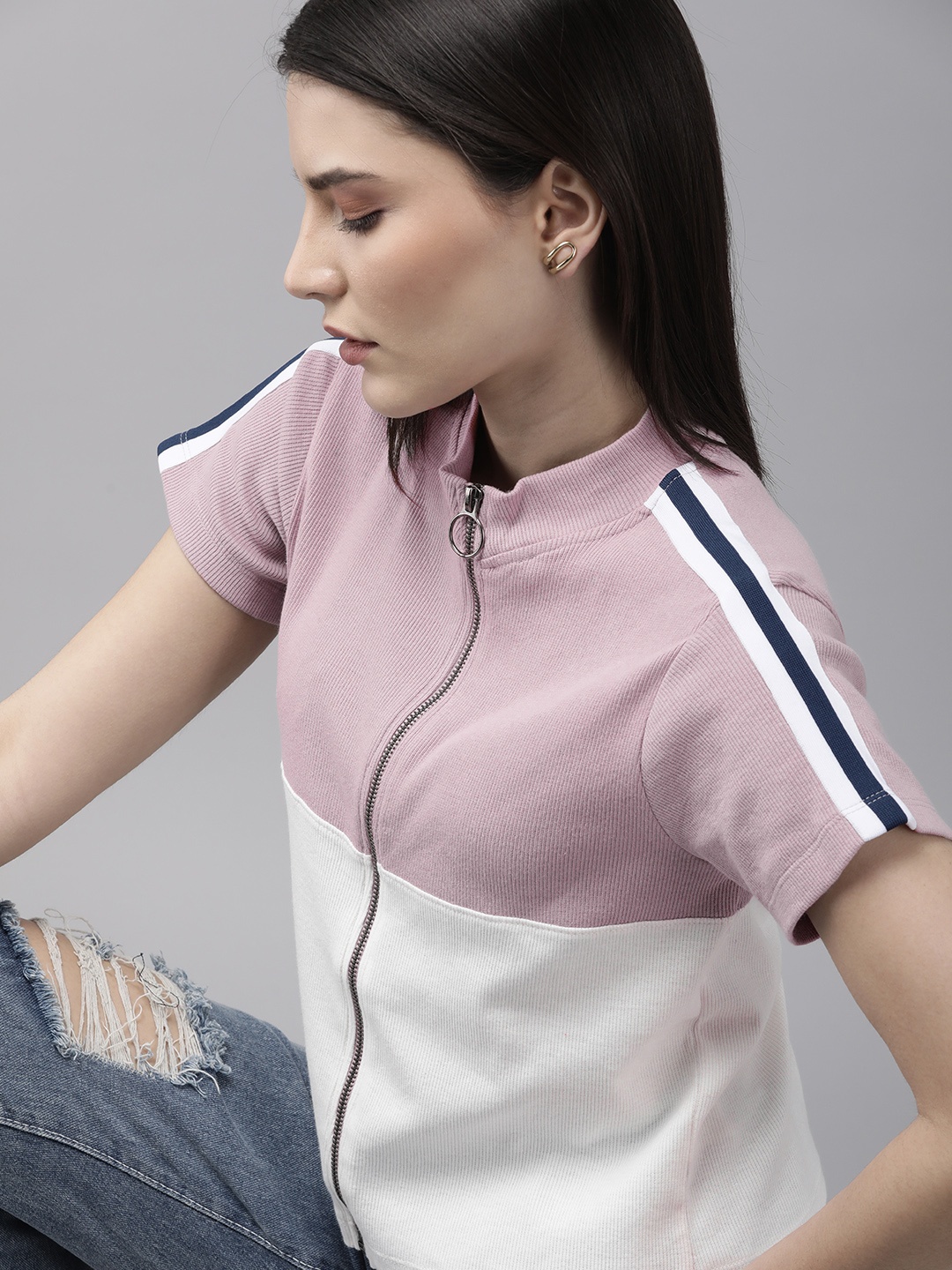 

Roadster Purple & White Colourblocked Short Sleeved Regular Top