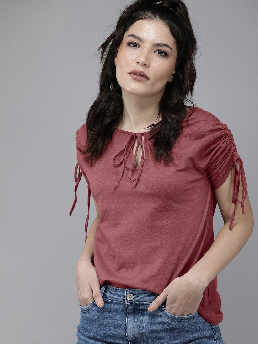 

Roadster Rust Red Tie-Up Neck Regular Top With Tie-Up Detail Sleeves