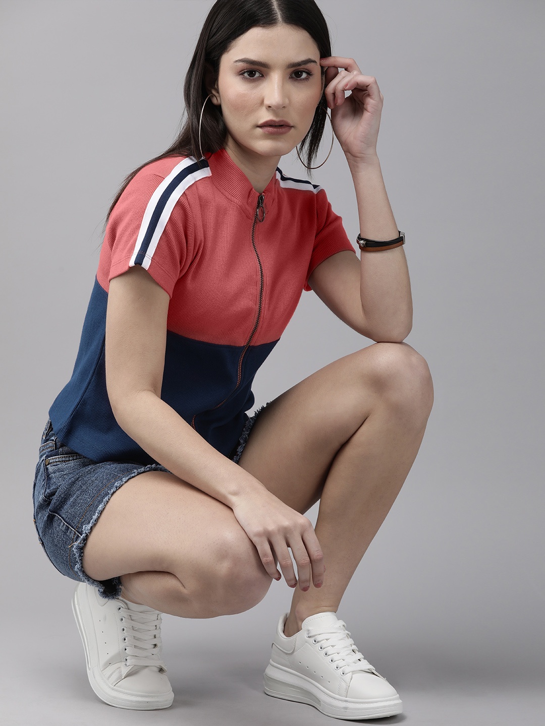 

Roadster Coral & Blue Colourblocked Mandarin Collar Crop Top With Tape Detail