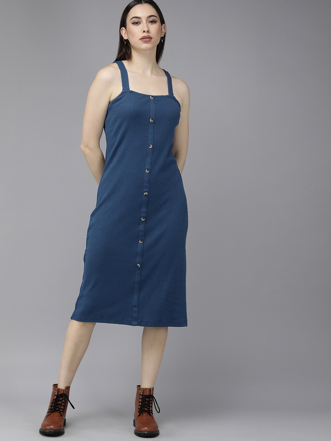 

Roadster Blue Sheath Shoulder Strap Sheath Midi Dress