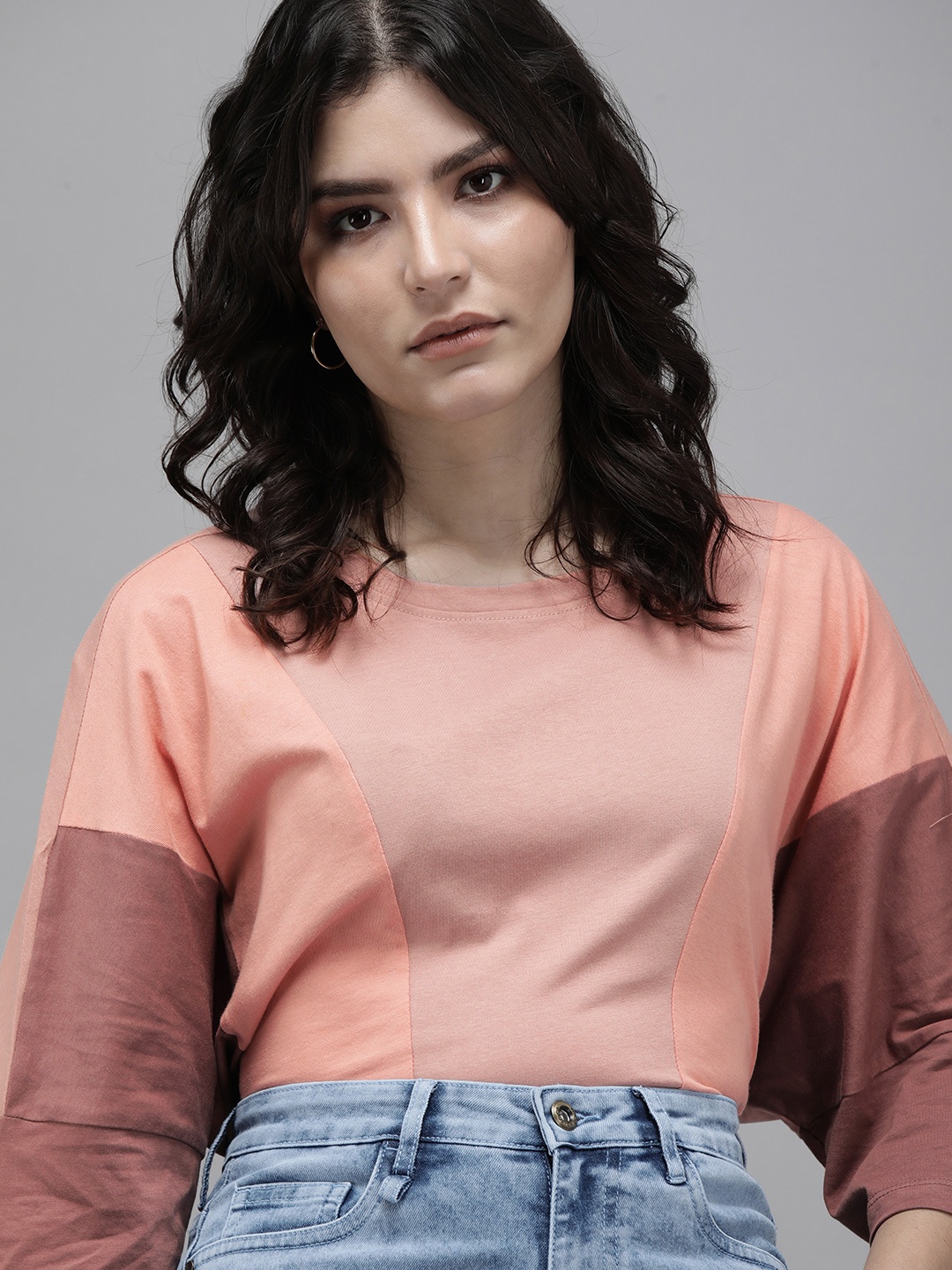 

Roadster Women Peach-Coloured & Brown Colourblocked Regular Top