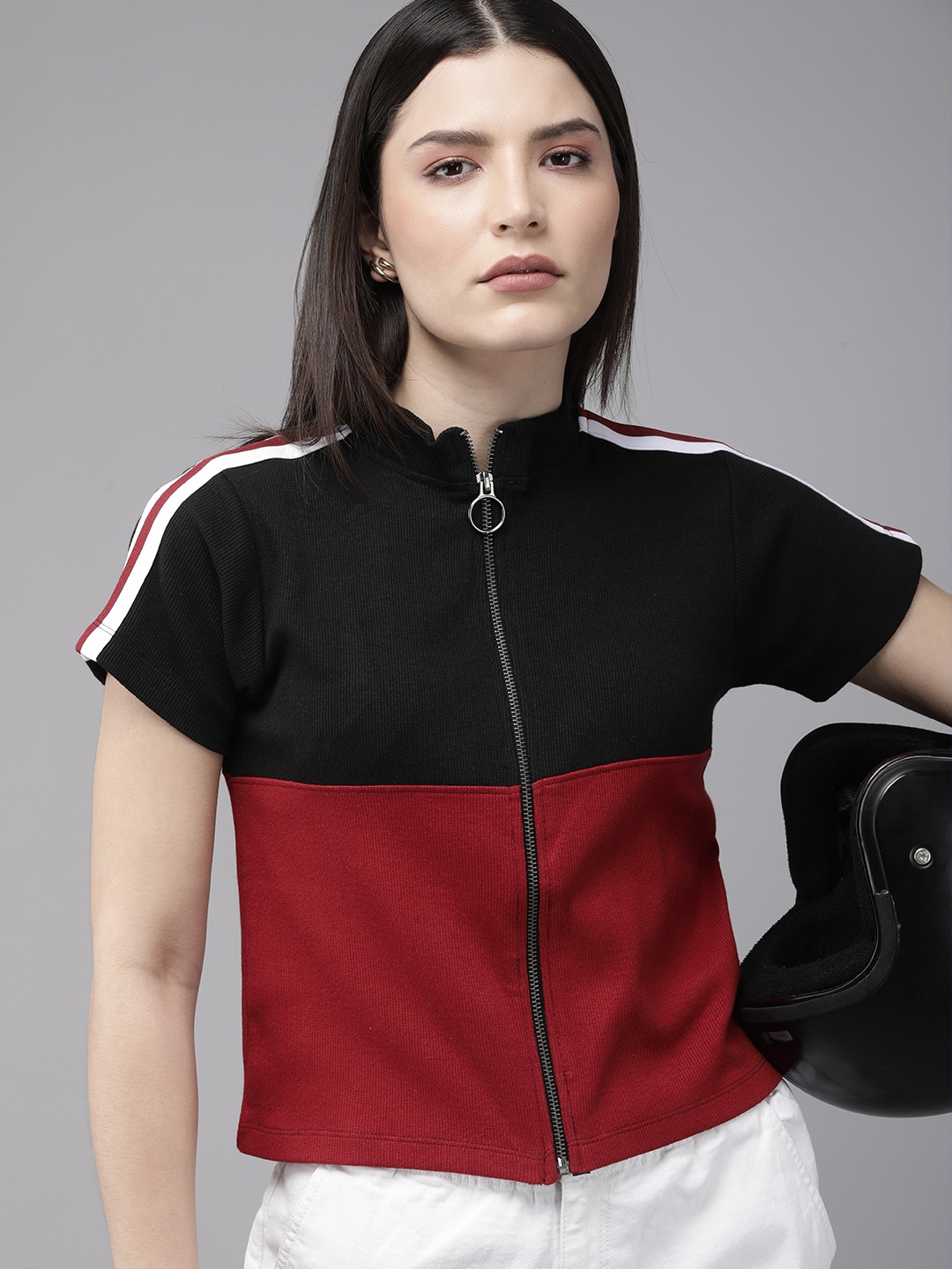 

Roadster Red & Black Colourblocked High Neck Short Sleeved Top