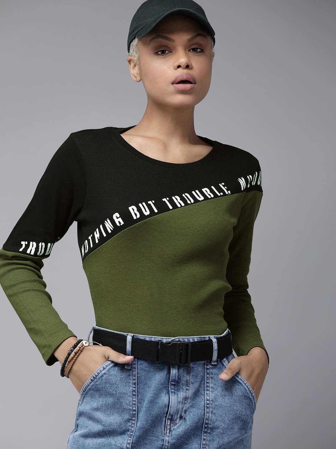 

Roadster Women Black & Olive Green Colourblocked Long Sleeves Round Neck Top