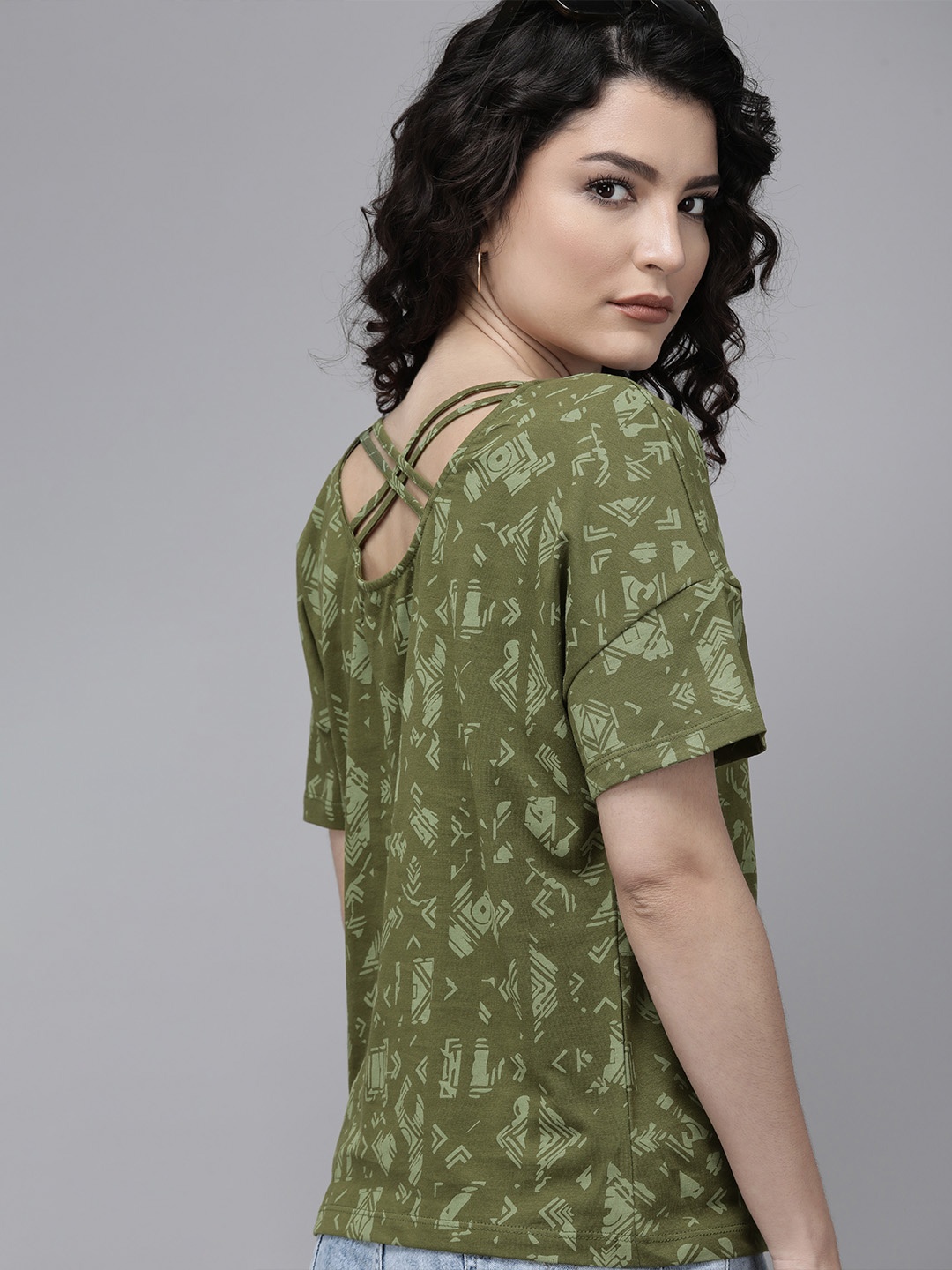 

Roadster Winter Moss Geometric Printed Pure Cotton Regular Top, Olive