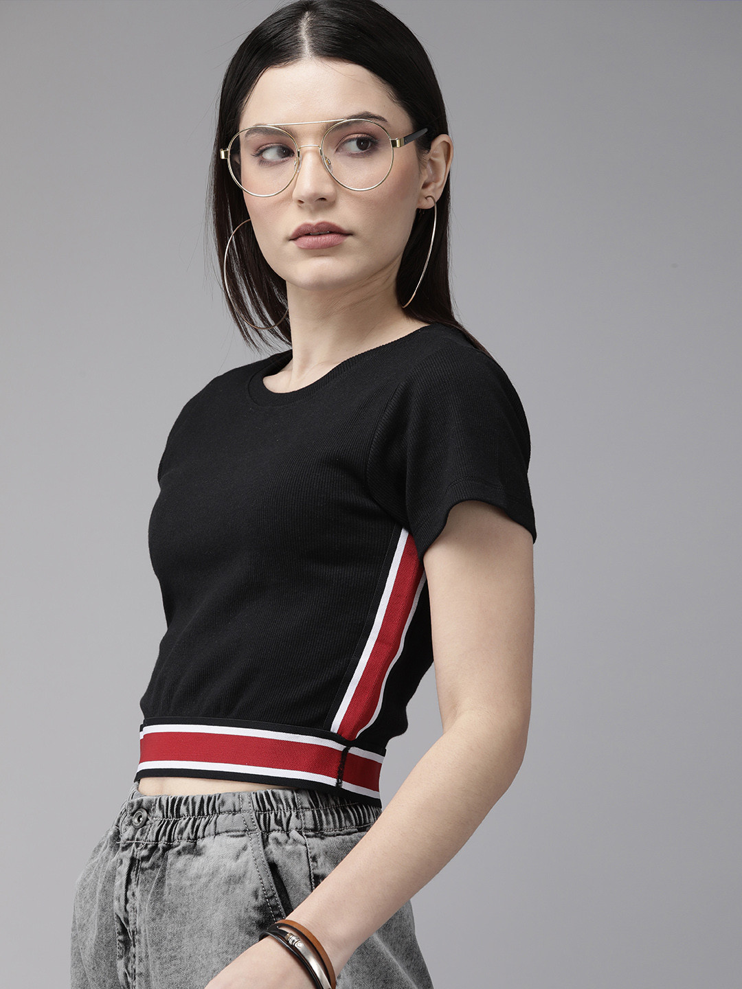 

Roadster Black Round-Neck Ribbed Crop Top With Contrast Tape Detail