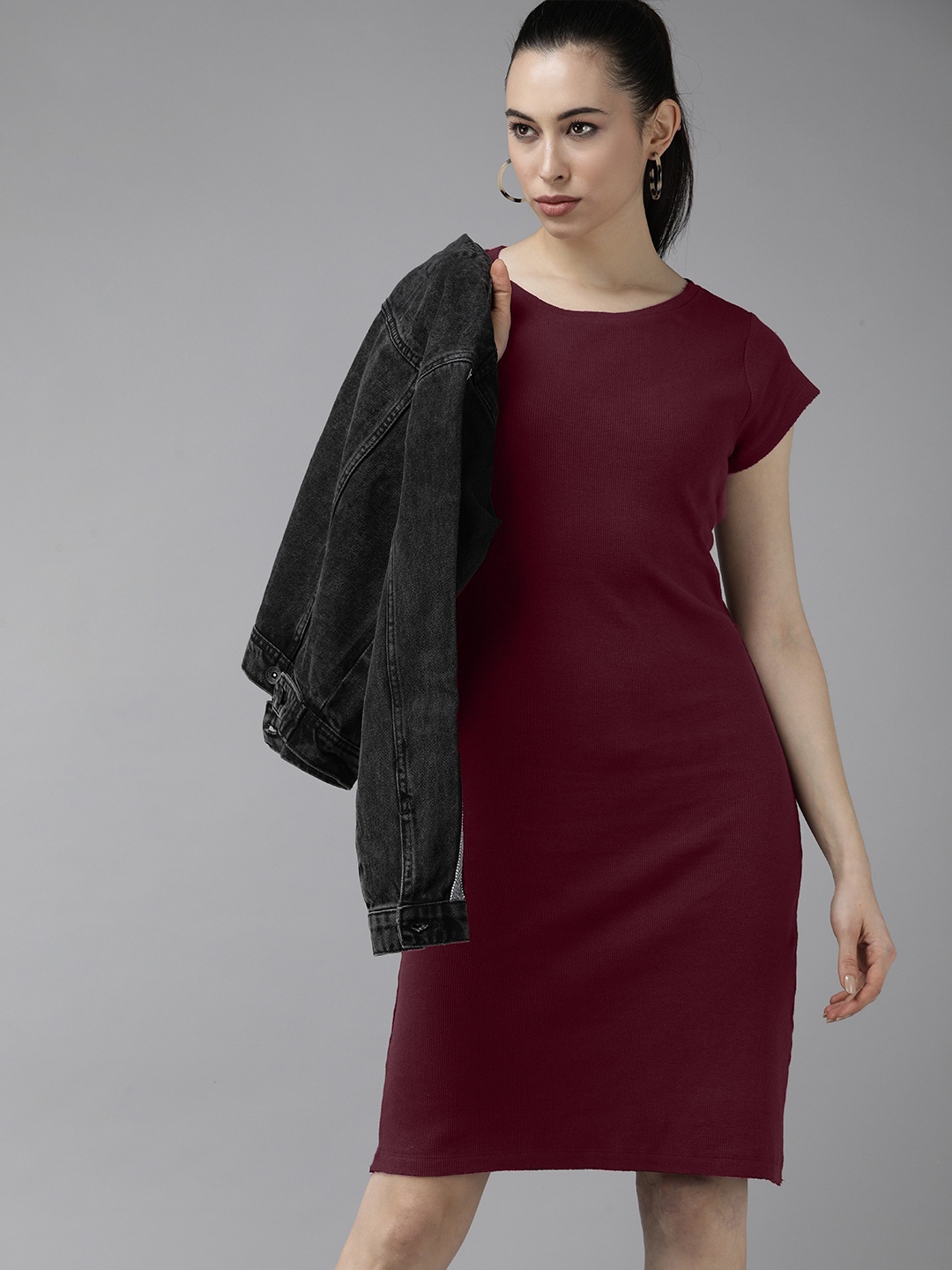 

Roadster Maroon Ribbed A-Line Dress