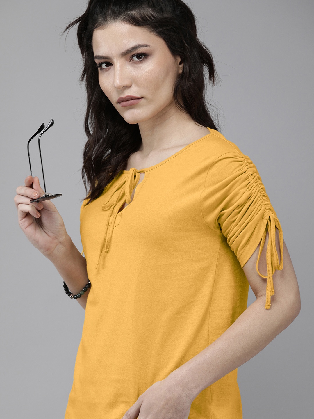 

Roadster Yellow Tie-Up Neck Regular Top With Tie-Up Detail Sleeves