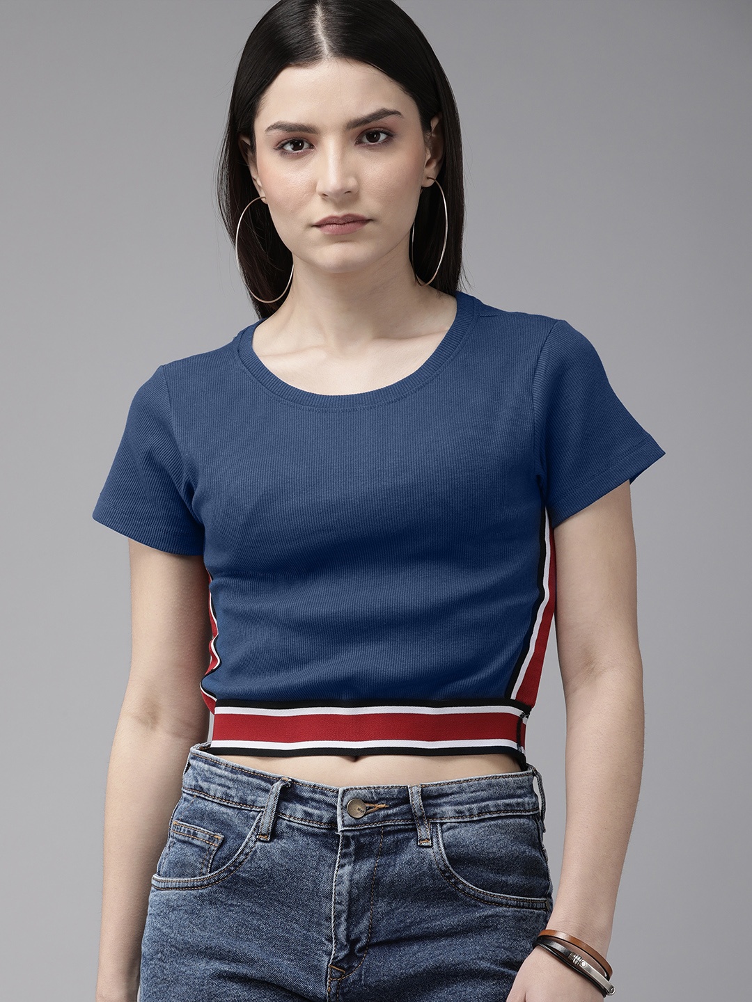 

Roadster Blue Round-Neck Ribbed Crop Top With Contrast Tape detail