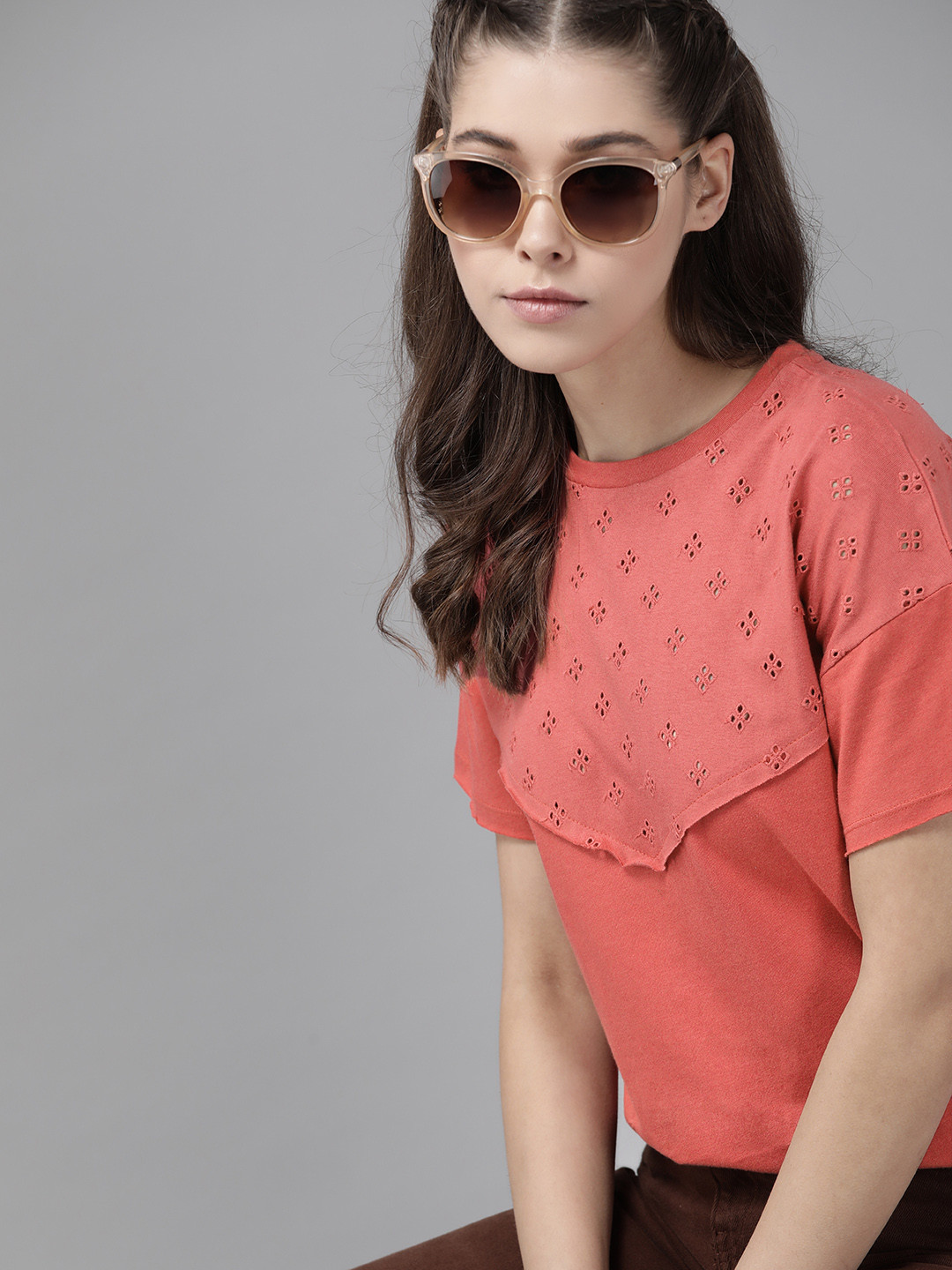 

Roadster Rust Red Geometric Embroidered Extended Sleeves Pure Cotton Top