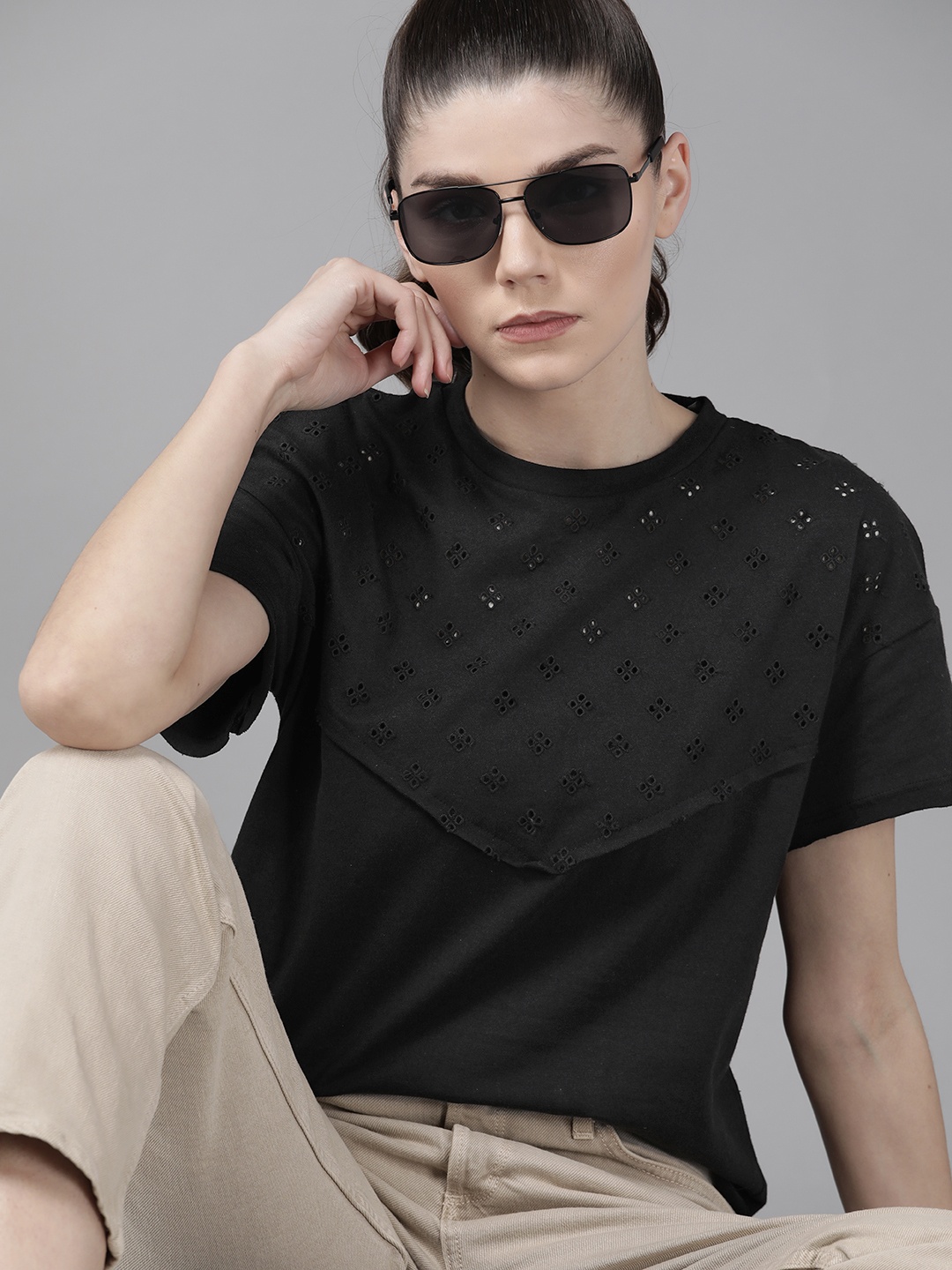 

Roadster Black Schiffli Embroidered Extended Sleeves Pure Cotton Top