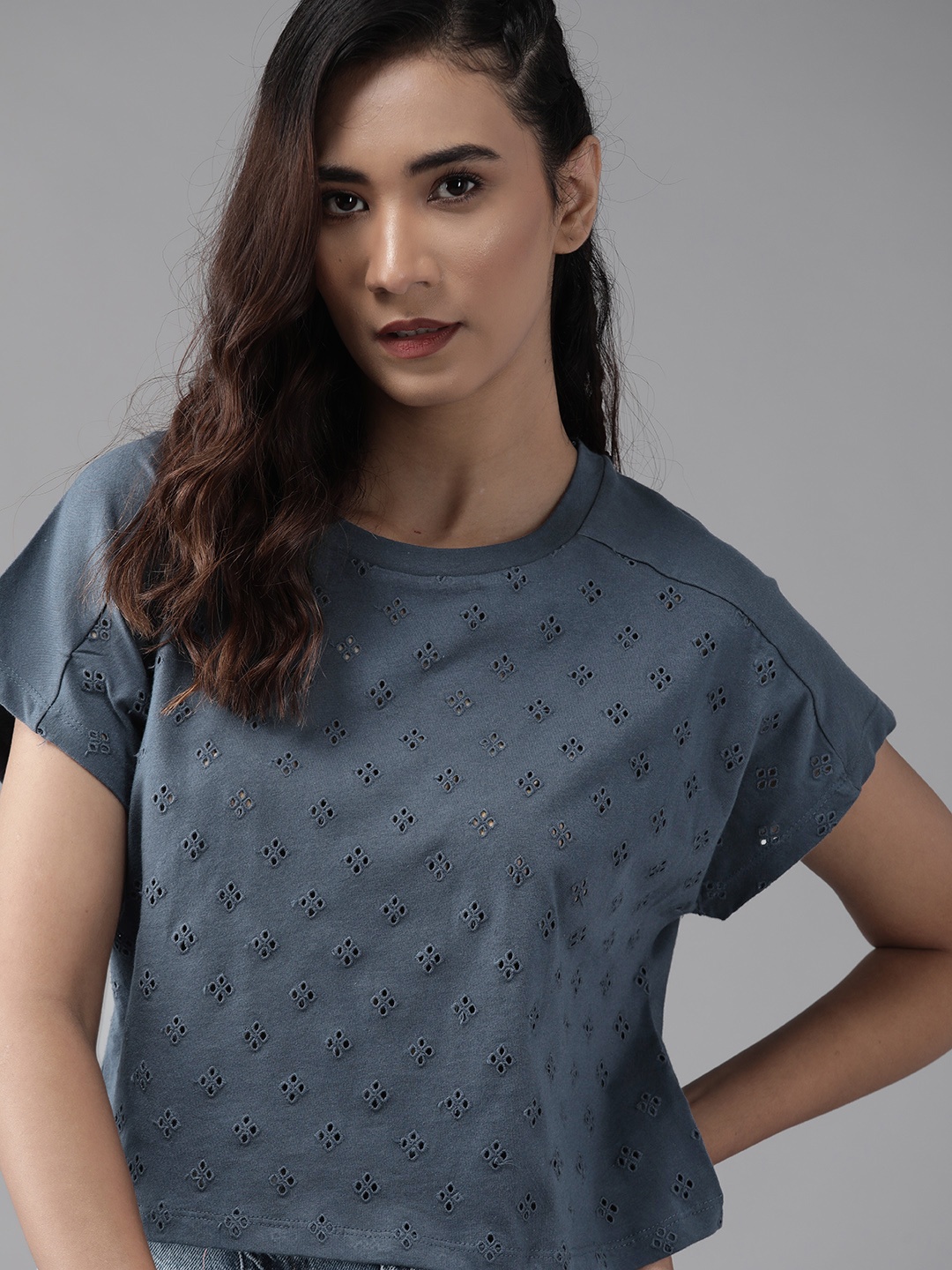 

Roadster Navy Blue Cotton Schiffli Embroidered Boxy Crop Top