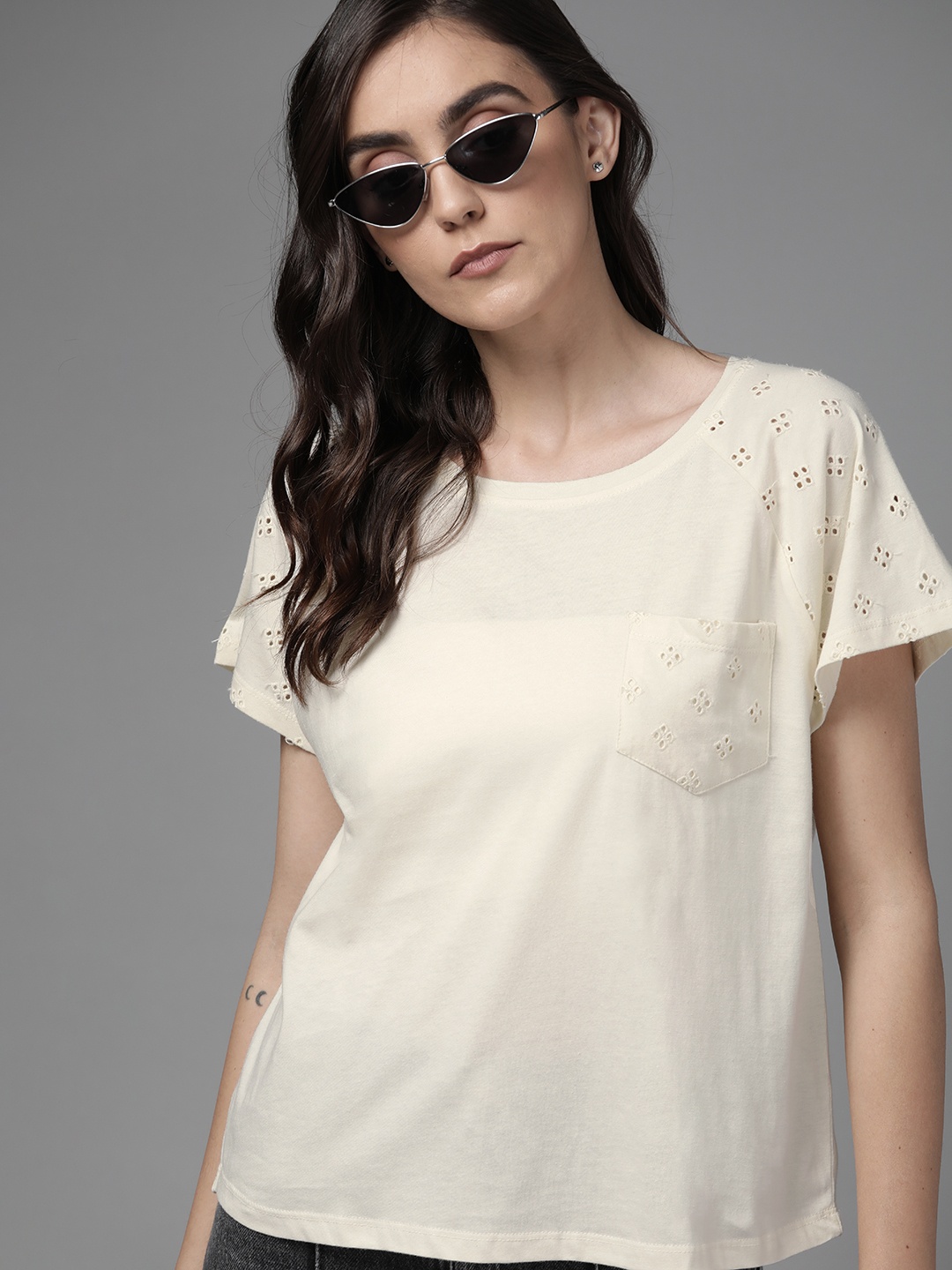 

Roadster Off White Pure Cotton Schiffli Embroidered Top