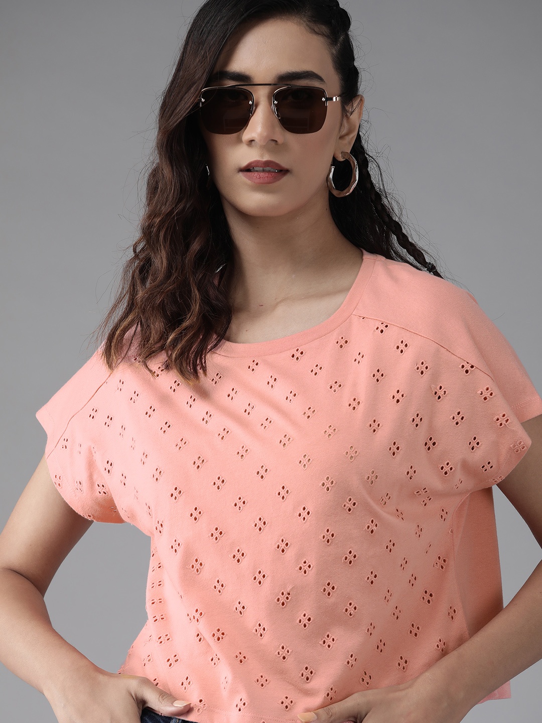 

Roadster Pink Cotton Schiffli Embroidered Boxy Crop Top