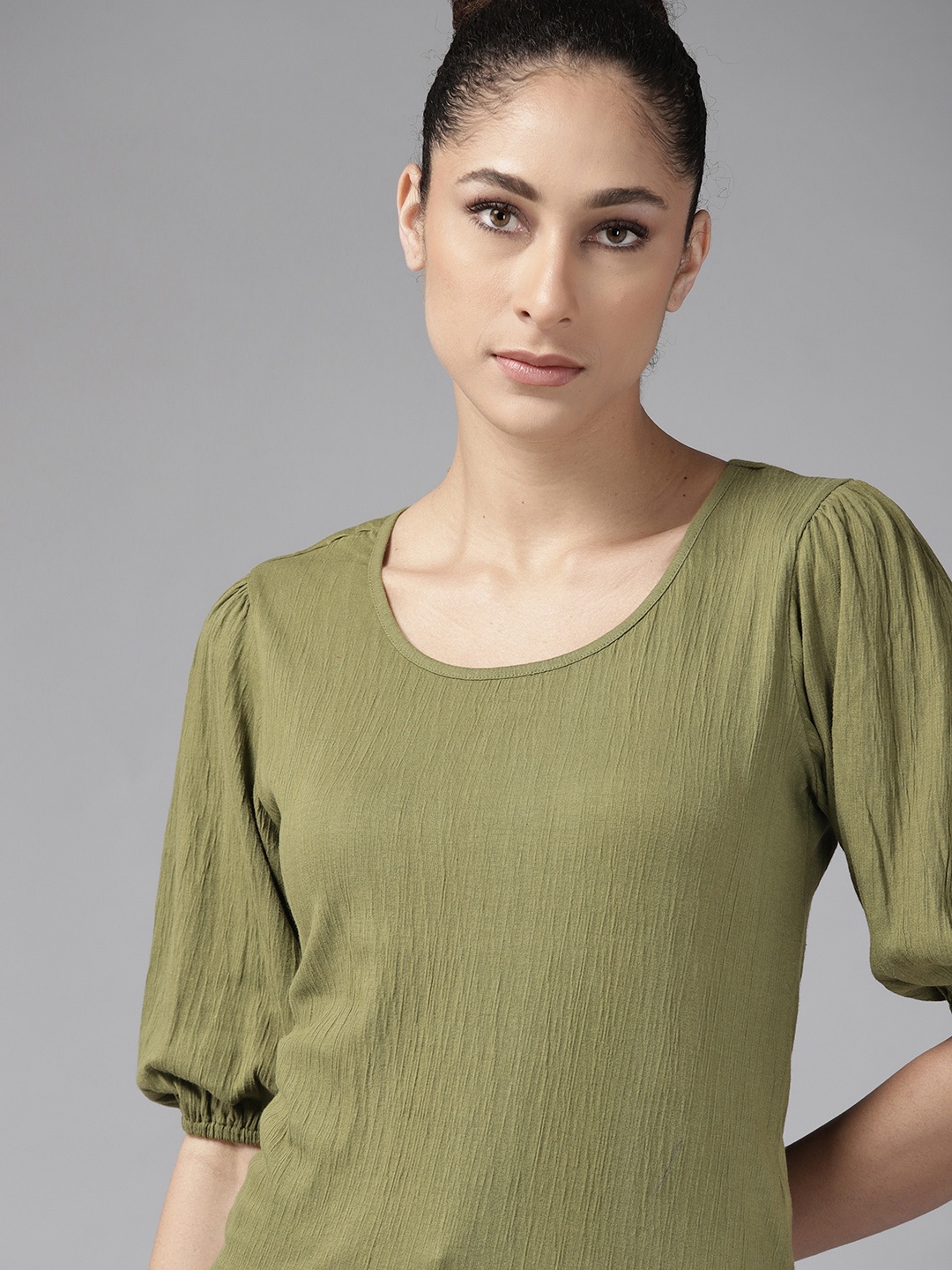 

Roadster Olive Green Puff Sleeves Top