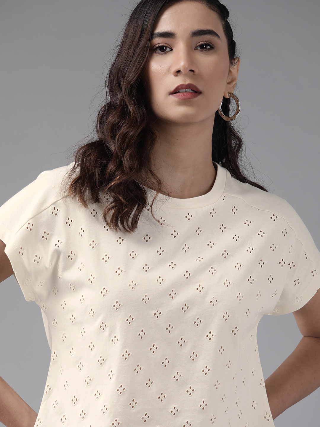 

Roadster Cream-Coloured Cotton Schiffli Embroidered Boxy Crop Top