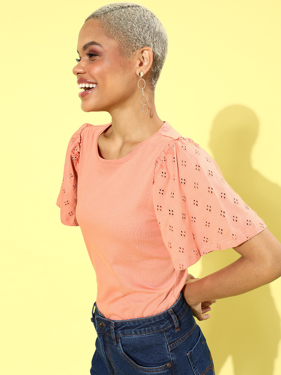 

Roadster Women Attractive Peach Solid Schiffli Top