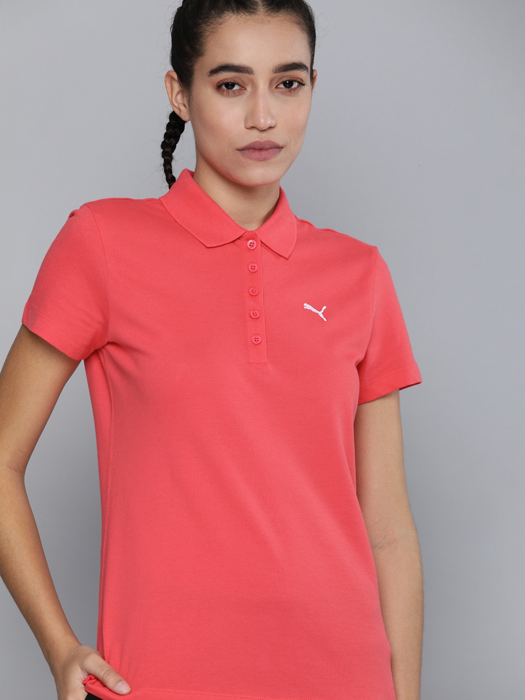 

Puma Women Pink Brand Logo Printed Polo Collar T-shirt