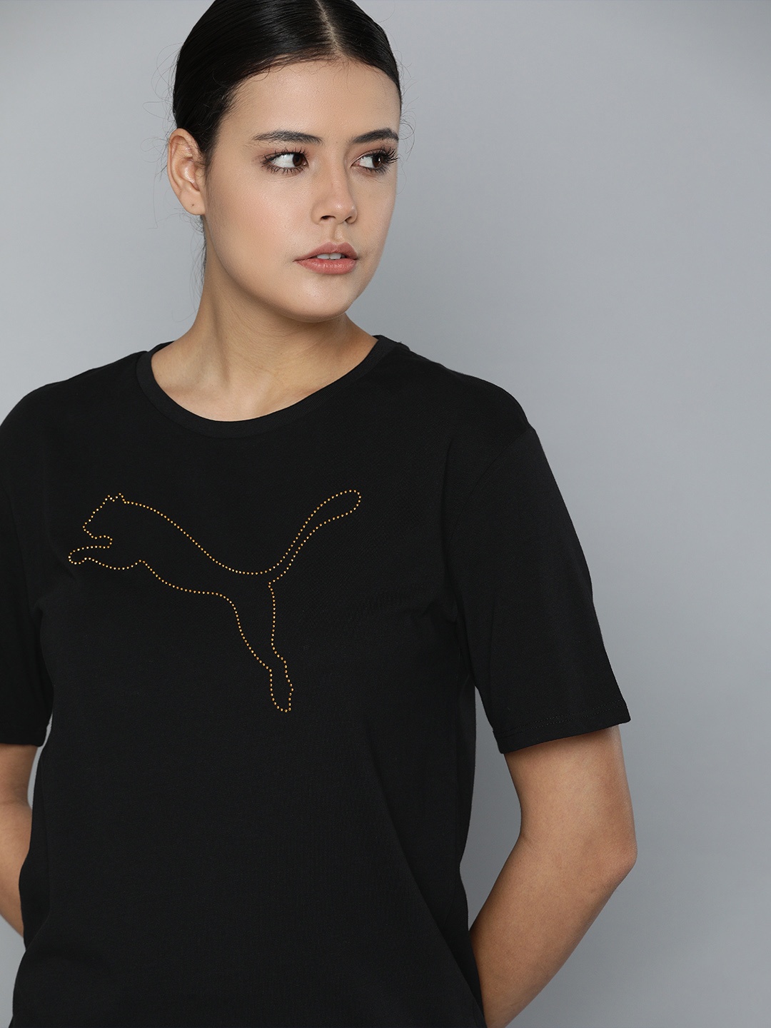 

Puma Women Black Yellow Brand Logo Printed Loose Pure Cotton T-shirt
