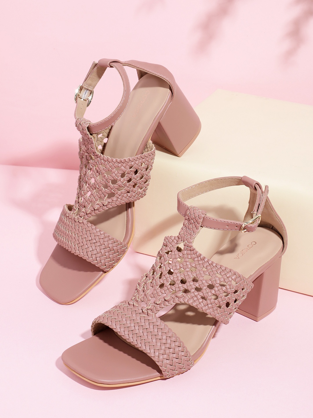 

CORSICA Women Peach-Coloured Woven Design Block Heels