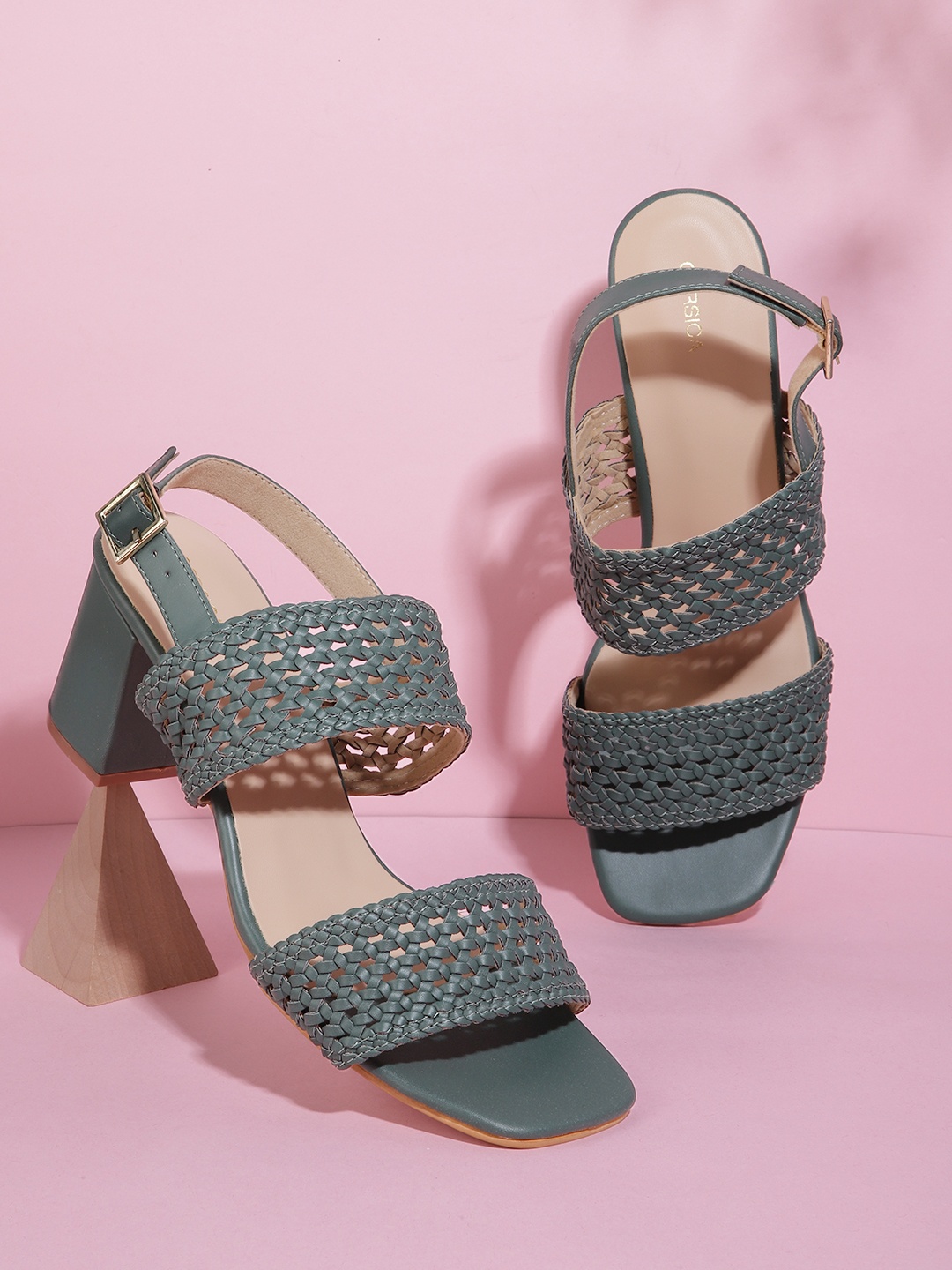 CORSICA Women Olive Green Woven Design Block Heels