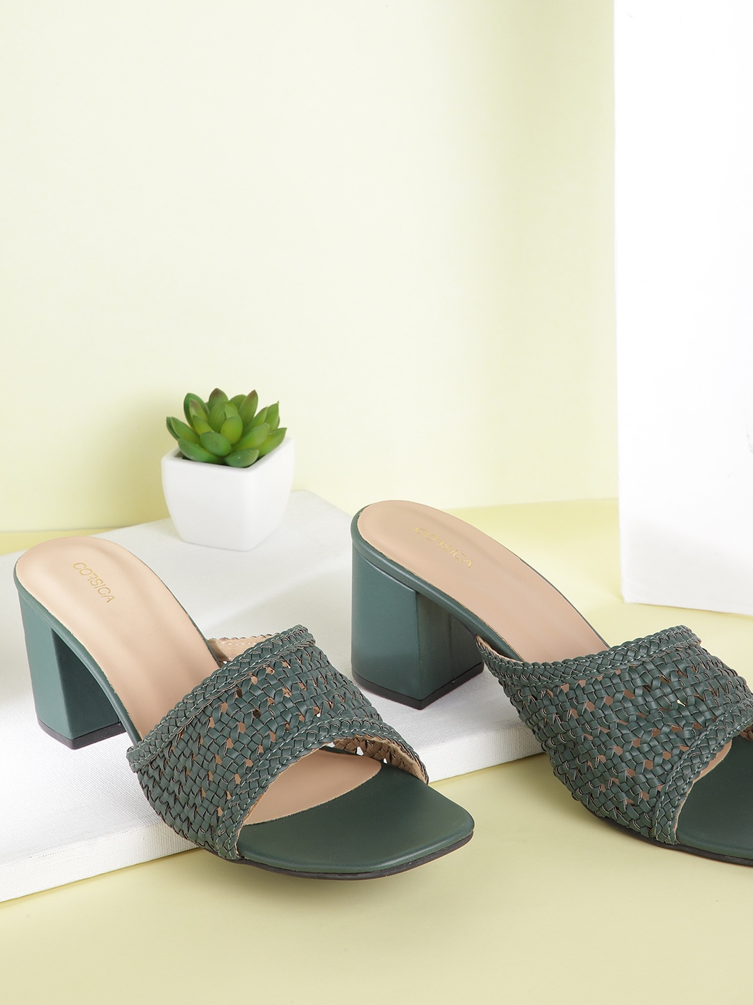

CORSICA Women Green Solid Woven Design Block Heels