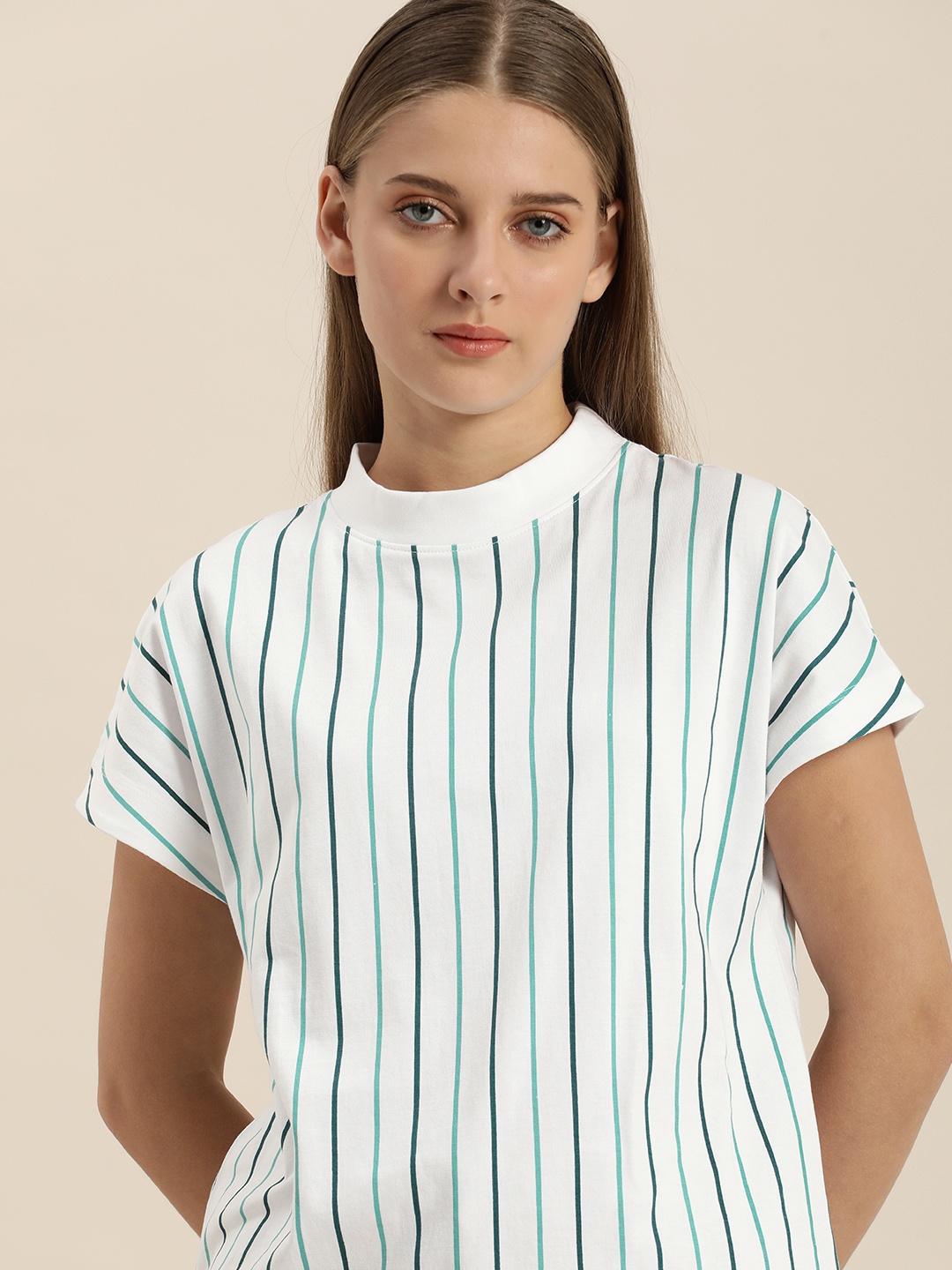 

ether Women White & Blue Striped High Neck Pure Cotton Casual T-shirt