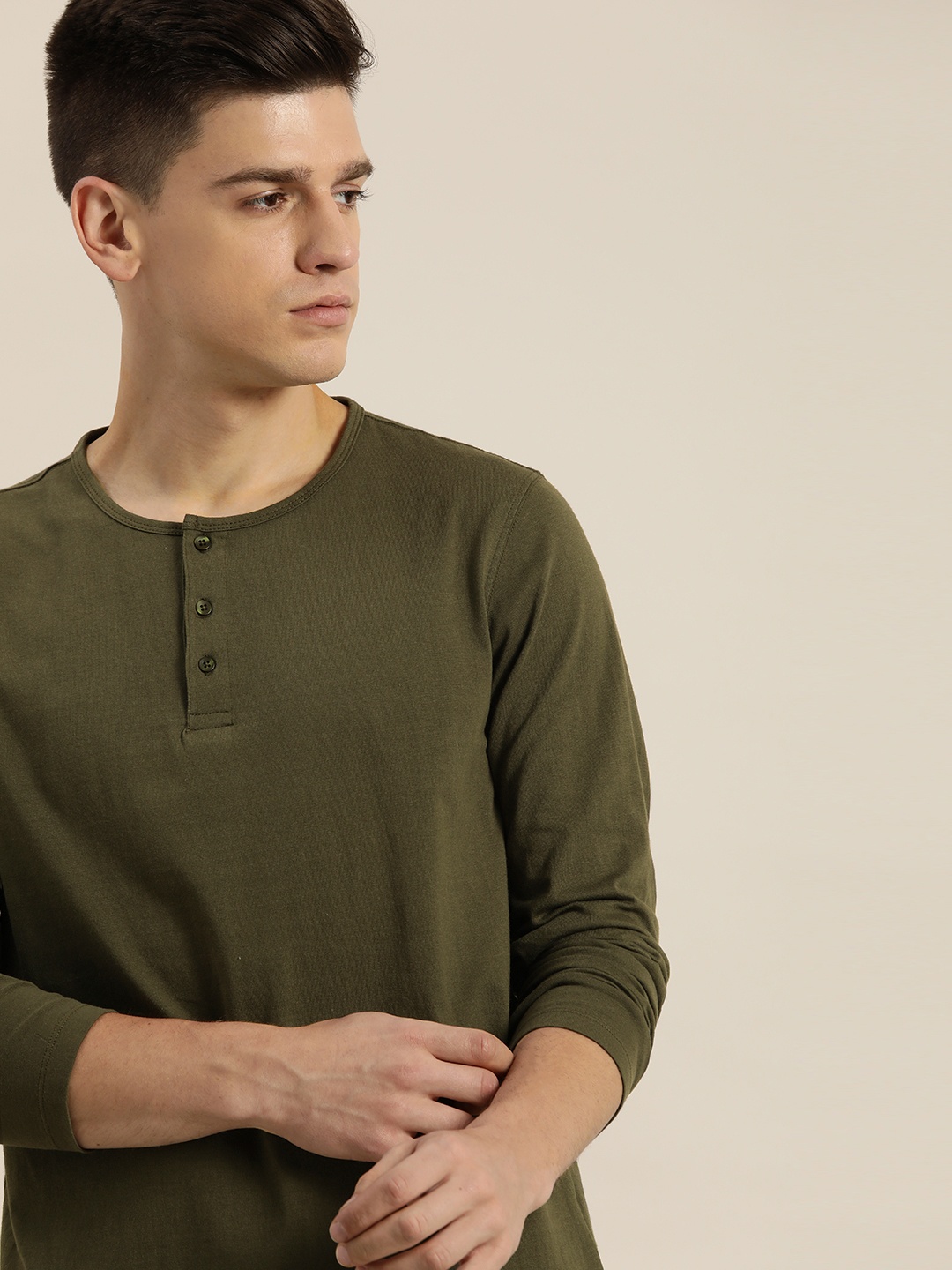 

ether Men Olive Green Henley Neck Pure Cotton T-shirt