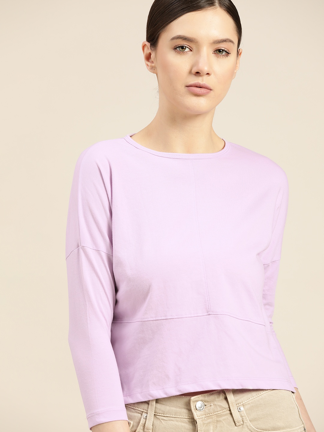 

ether Women Lavender Solid Drop-Shoulder Sleeves T-shirt