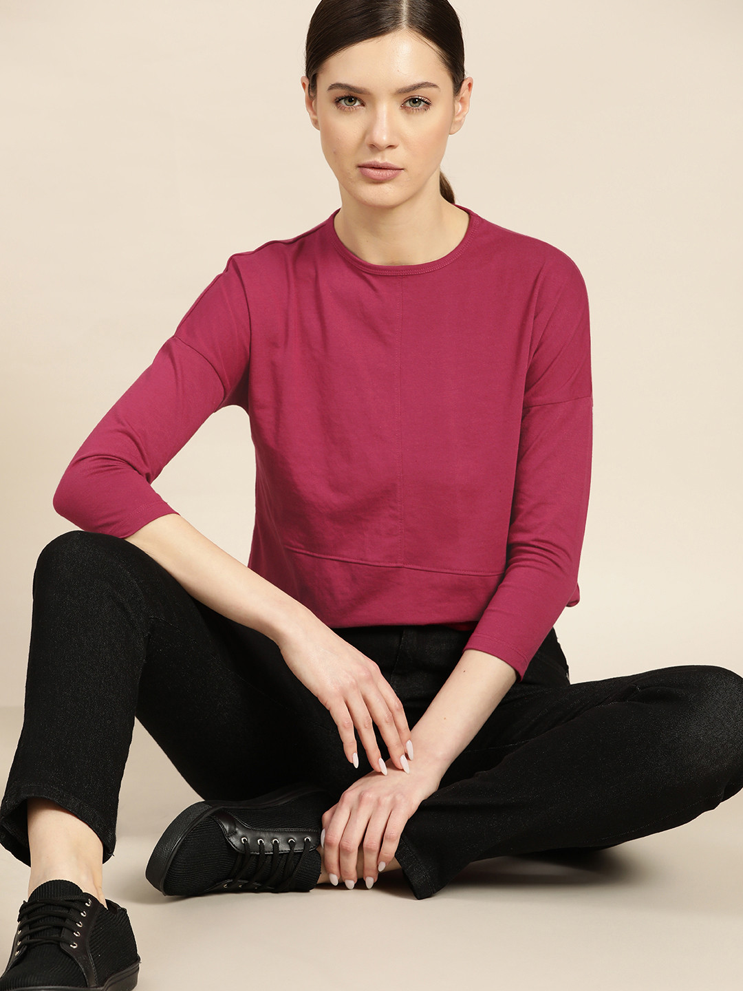 

ether Women Magenta Solid Drop-Shoulder Sleeves T-shirt