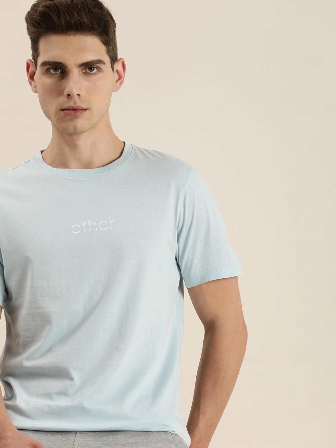 

ether Men Light Blue Brand Logo Printed Round-Neck Pure Cotton Casual T-shirt