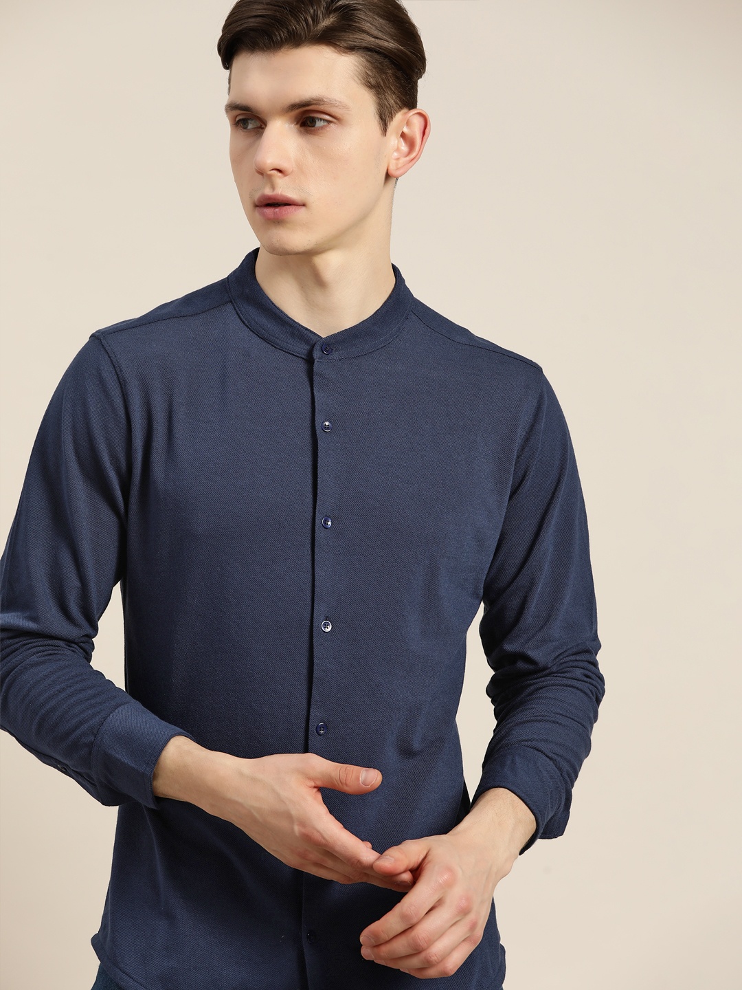 

ether Men Navy Blue Stretchable Solid Casual Shirt