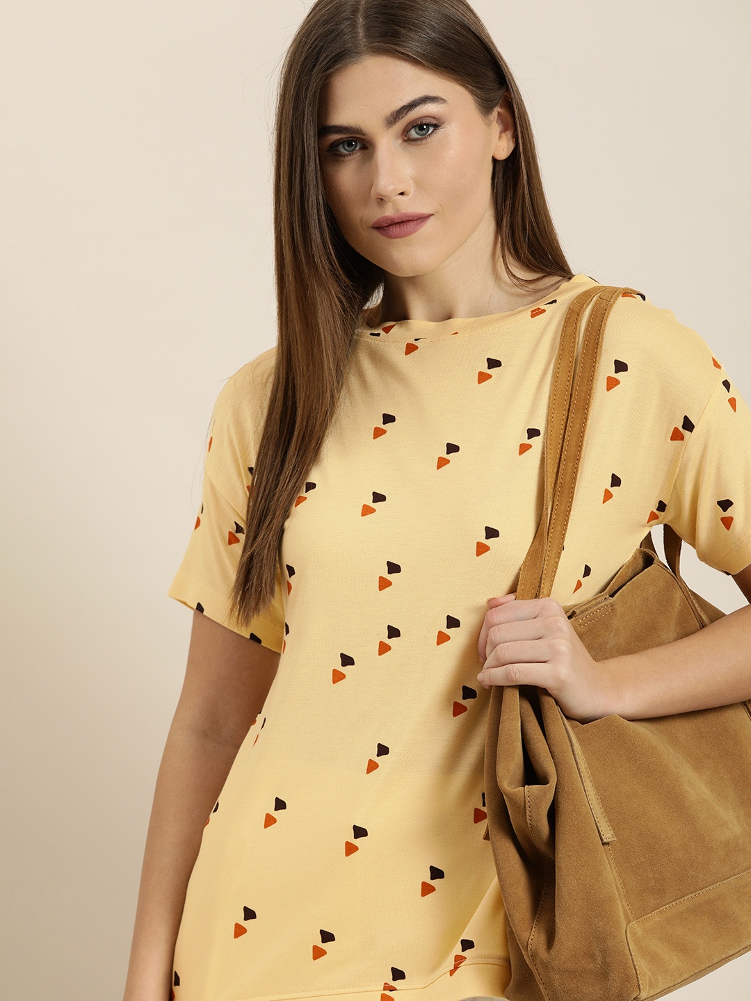 

ether Women Beige & Orange Printed Drop-Shoulder Sleeves T-shirt