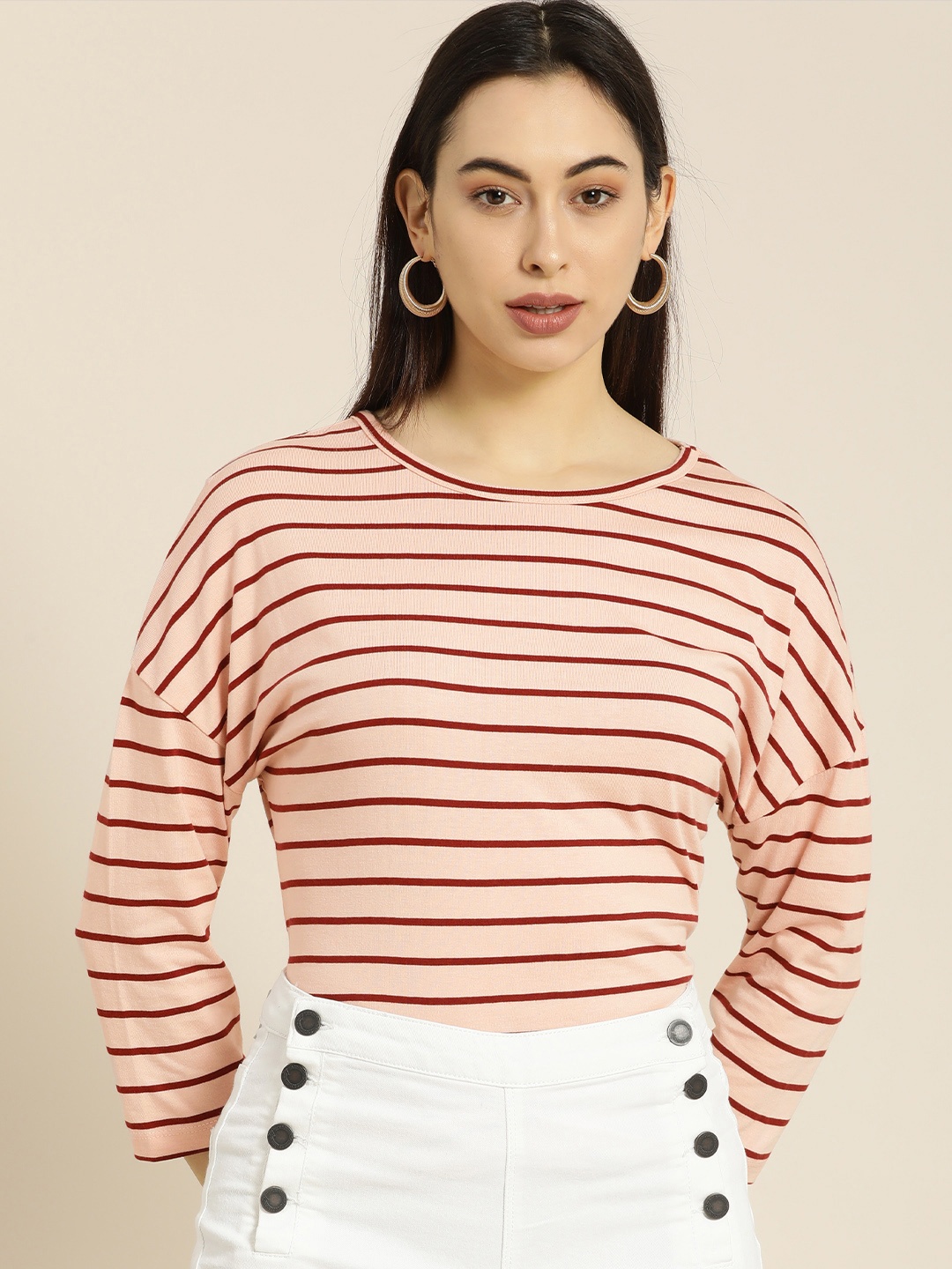 

ether Women Beige & Red Striped Drop-Shoulder Sleeves T-shirt