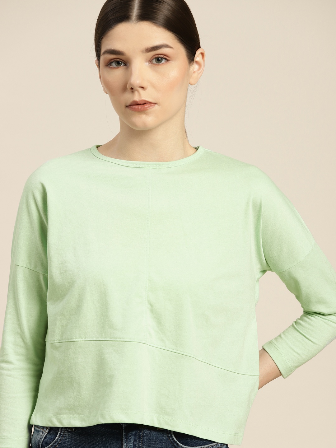 

ether Women Green Solid Drop-Shoulder Sleeves T-shirt