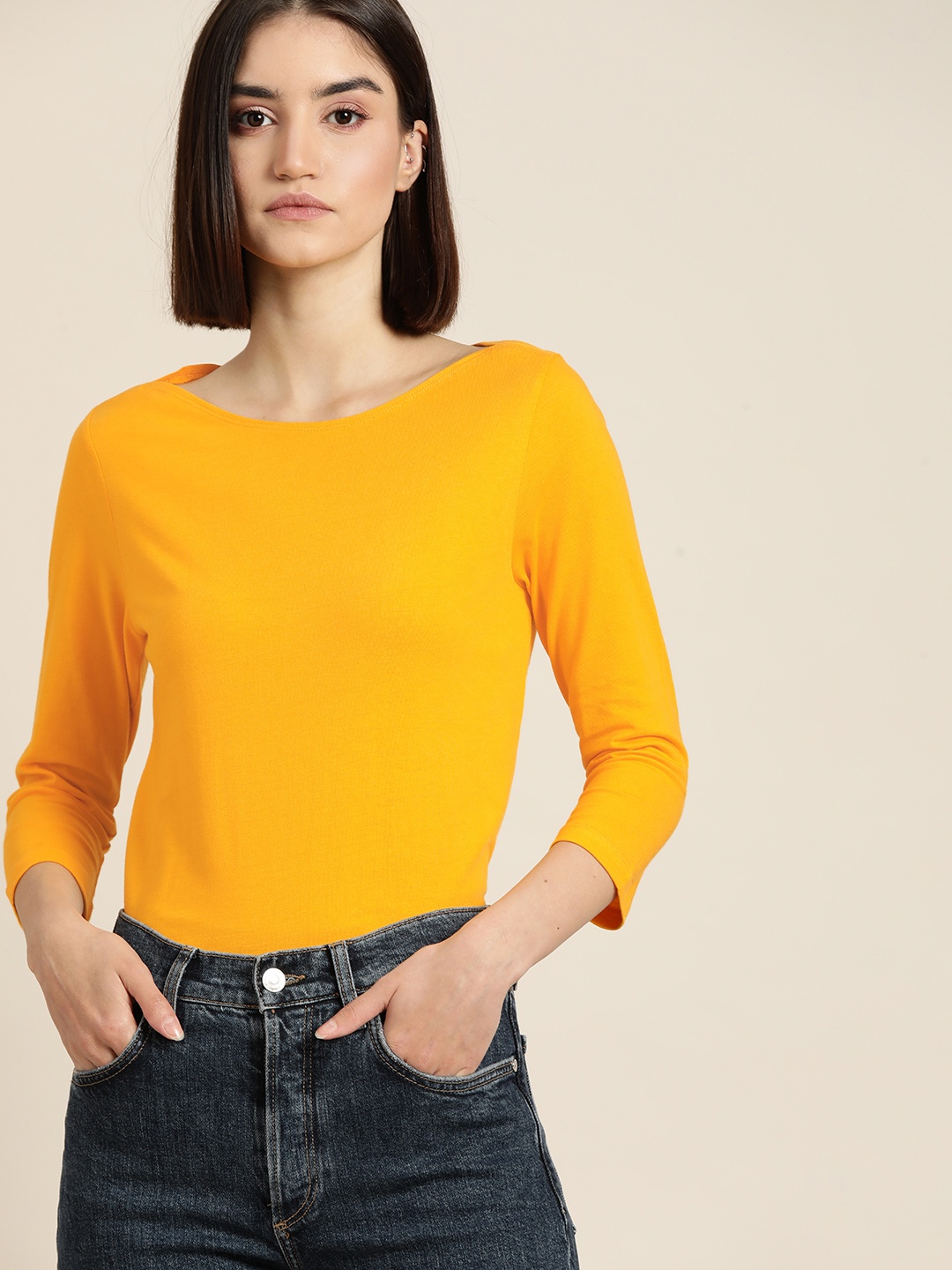 

ether Women Mustard Yellow Solid T-shirt